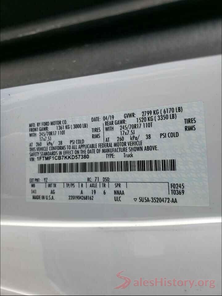 1FTMF1CB7KKD57380 2019 FORD F150