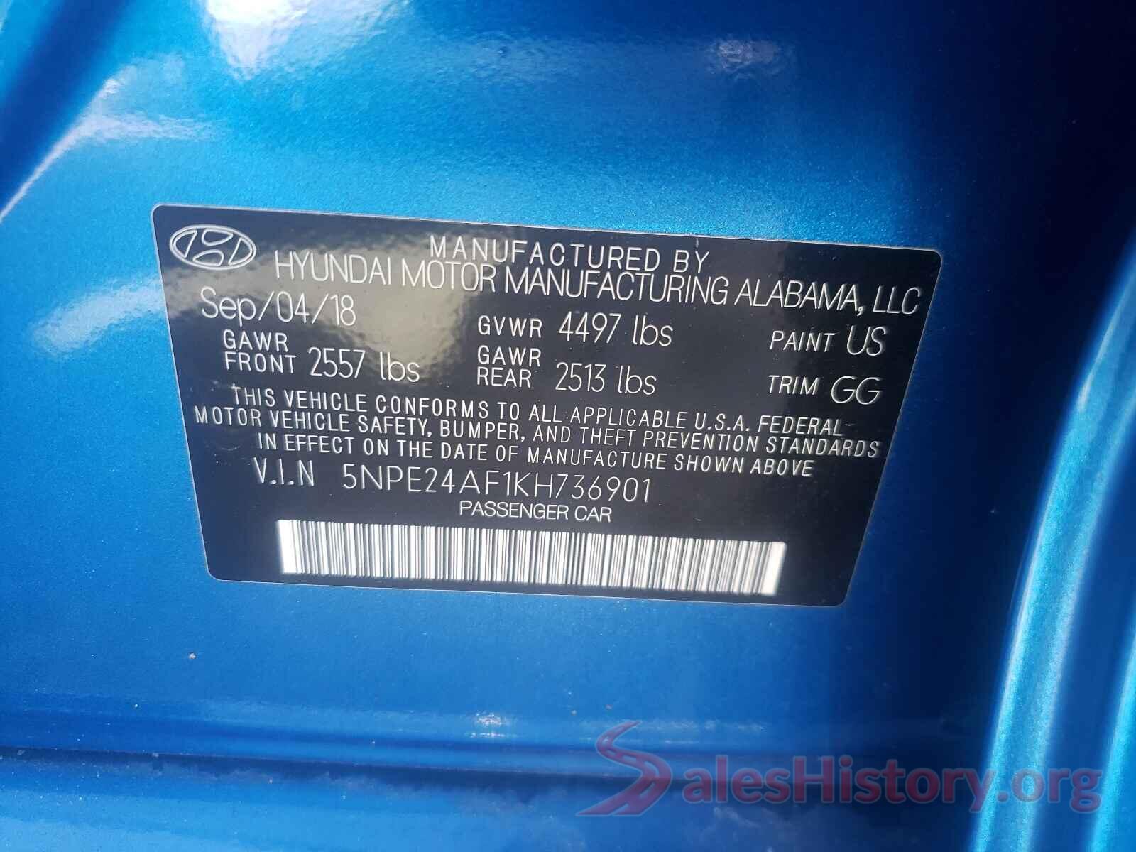 5NPE24AF1KH736901 2019 HYUNDAI SONATA