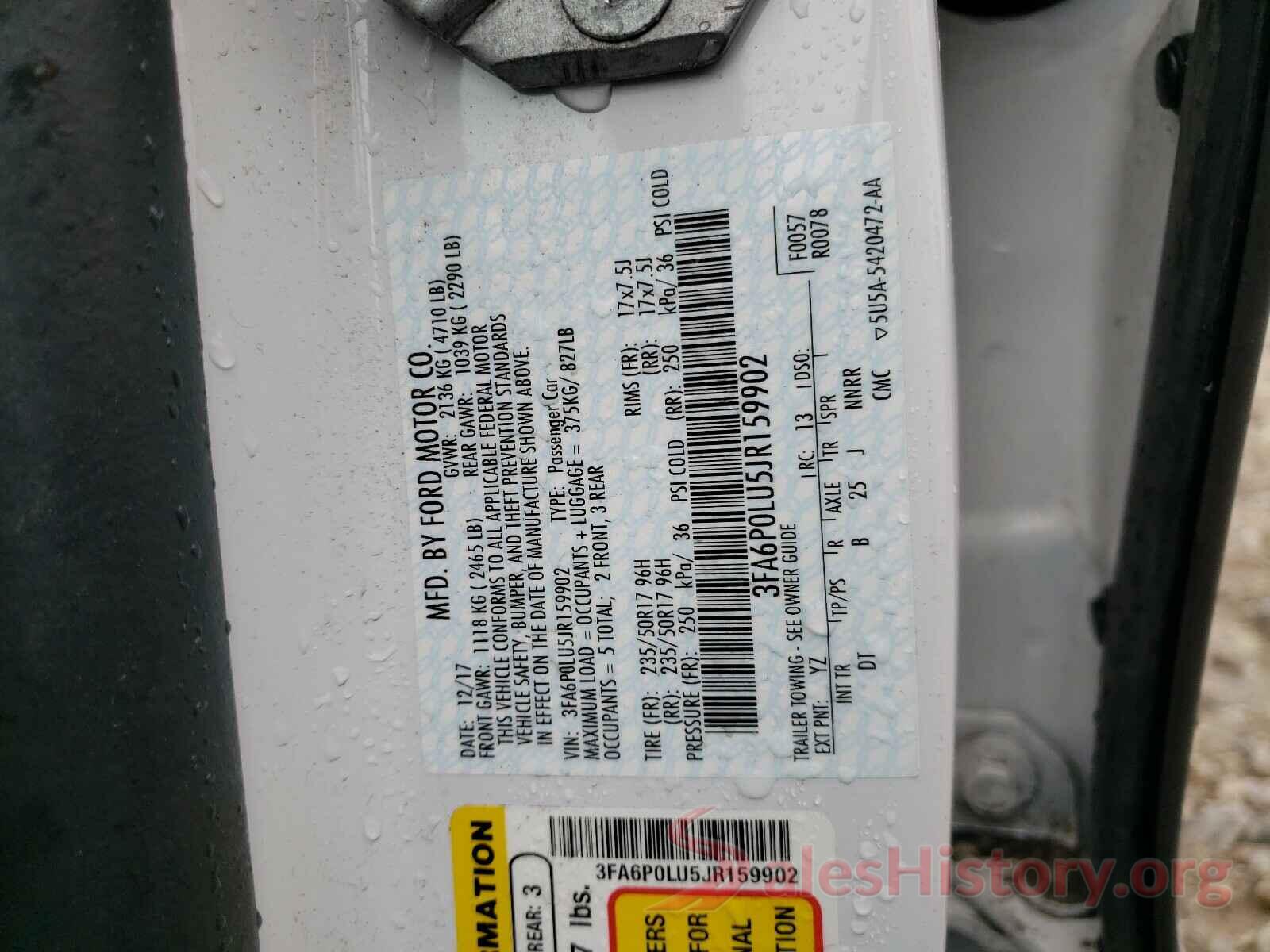 3FA6P0LU5JR159902 2018 FORD FUSION