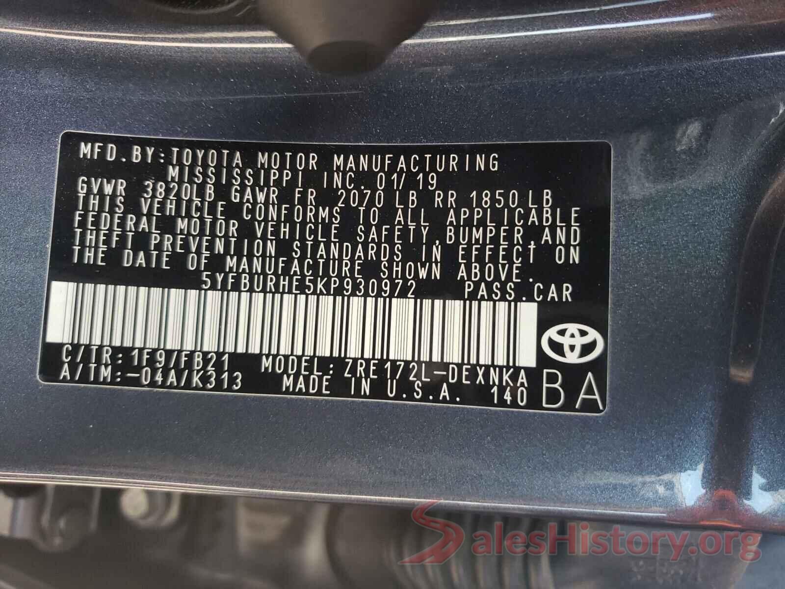 5YFBURHE5KP930972 2019 TOYOTA COROLLA