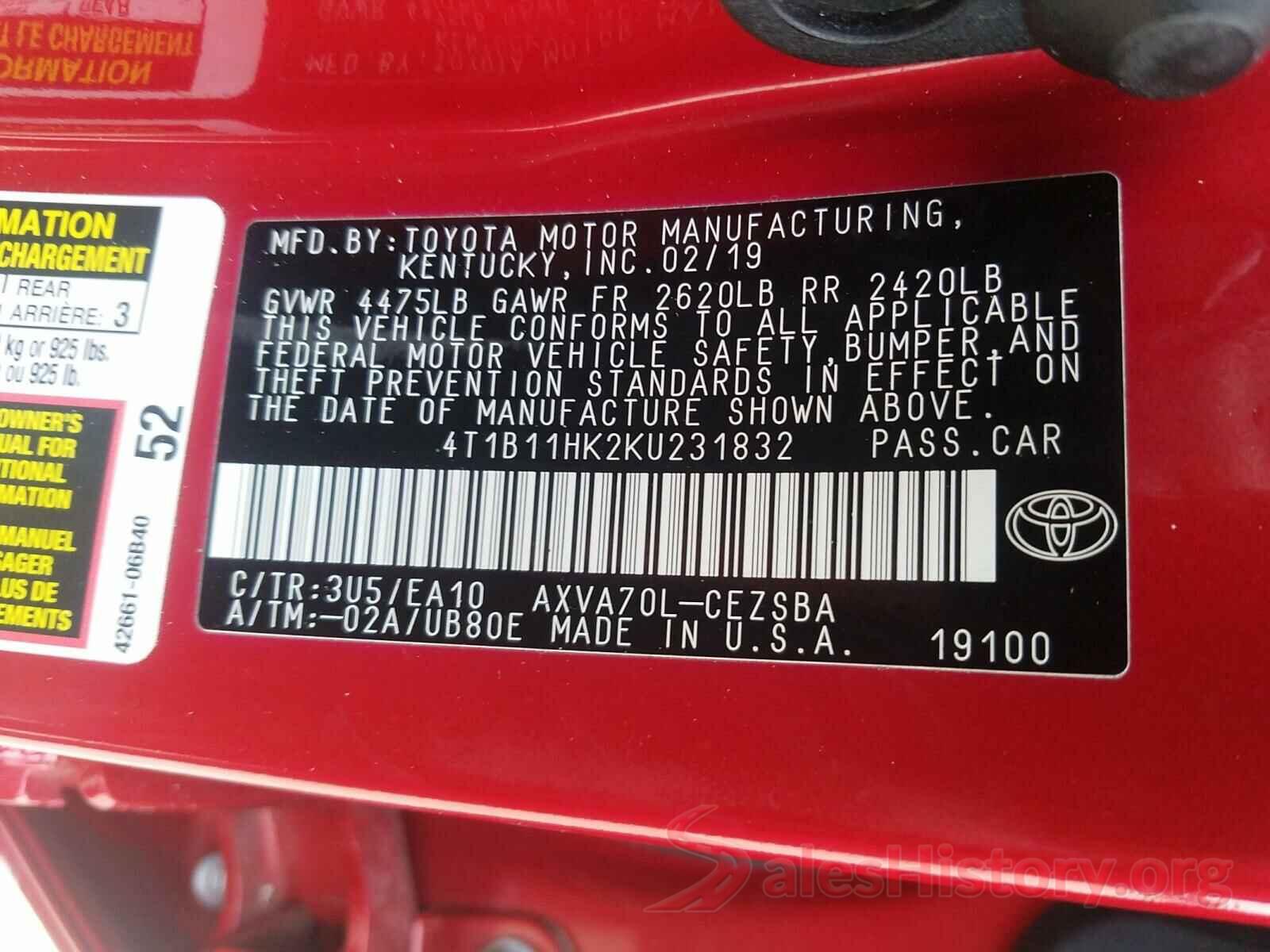 4T1B11HK2KU231832 2019 TOYOTA CAMRY