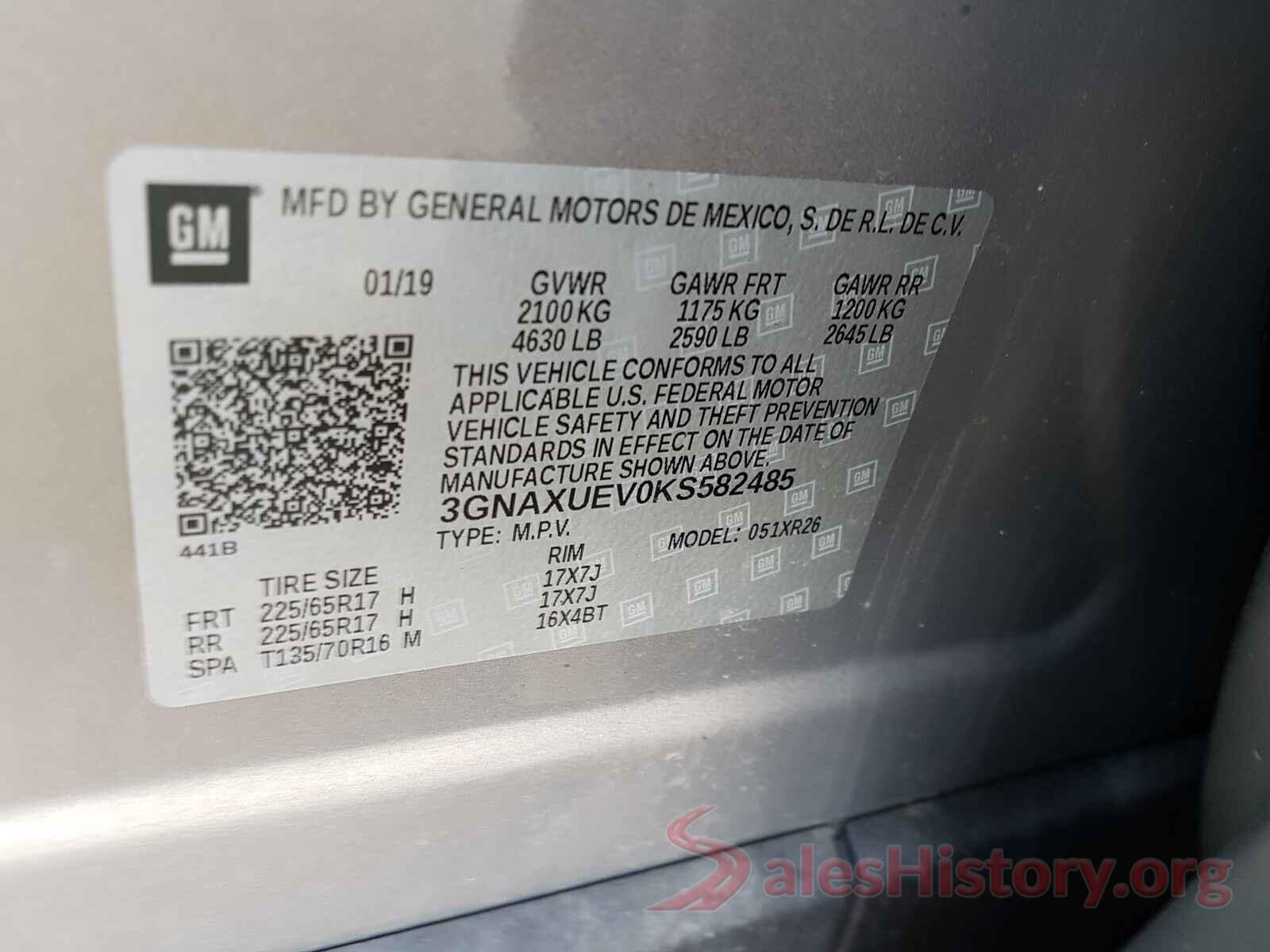 3GNAXUEV0KS582485 2019 CHEVROLET EQUINOX