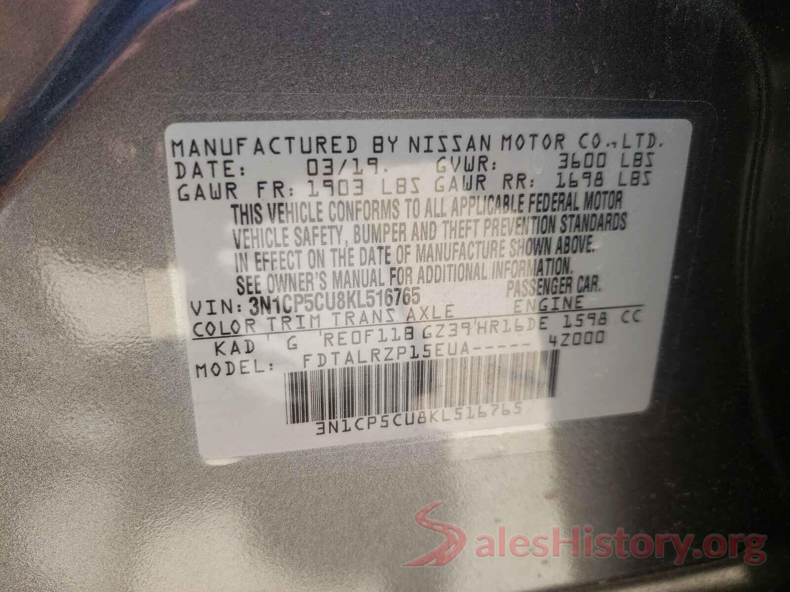 3N1CP5CU8KL516765 2019 NISSAN KICKS