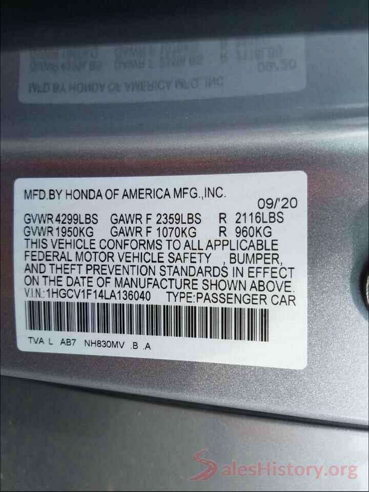 1HGCV1F14LA136040 2020 HONDA ACCORD