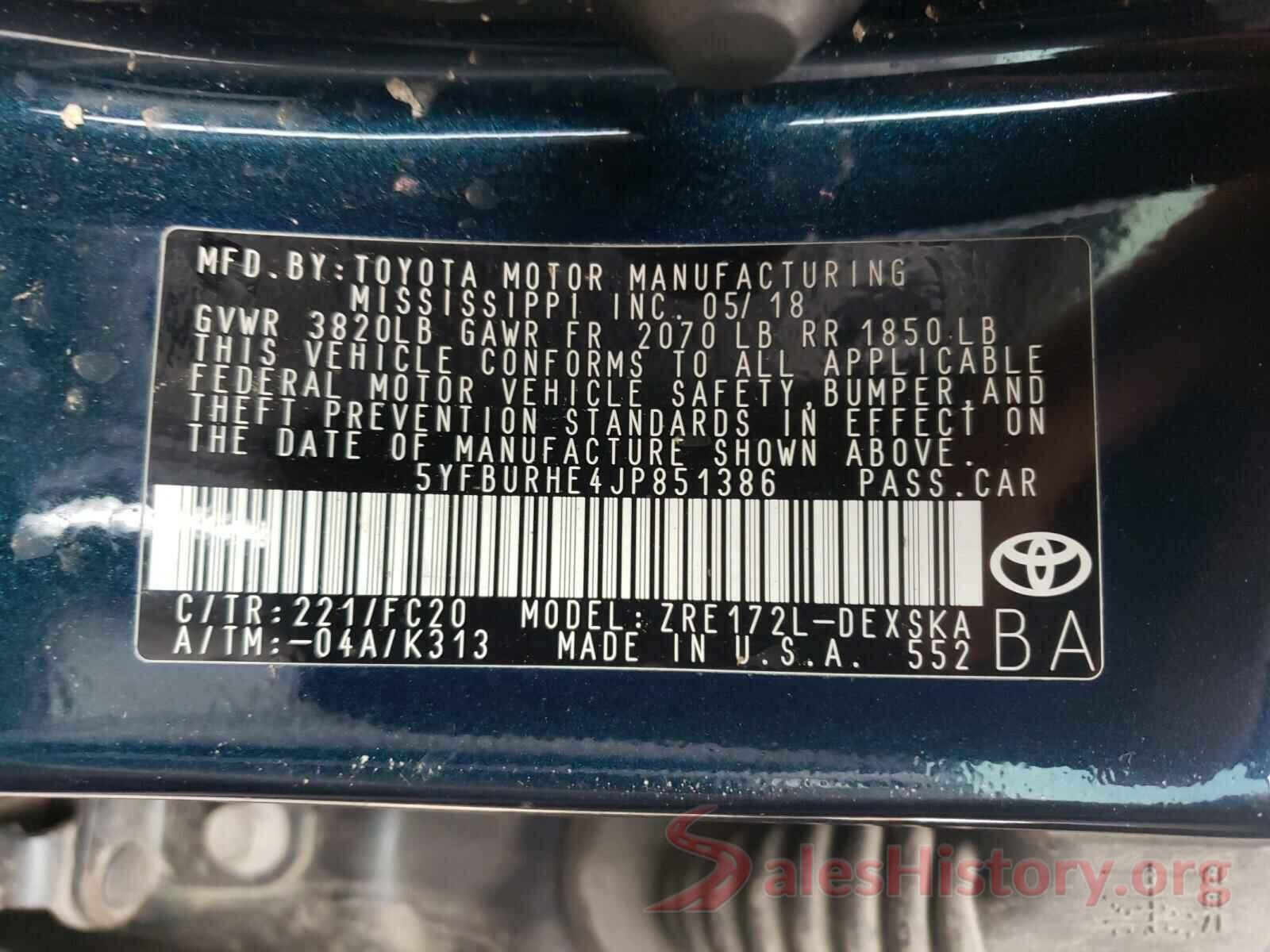 5YFBURHE4JP851386 2018 TOYOTA COROLLA