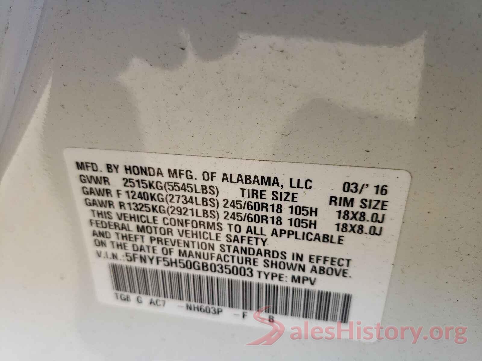 5FNYF5H50GB035003 2016 HONDA PILOT