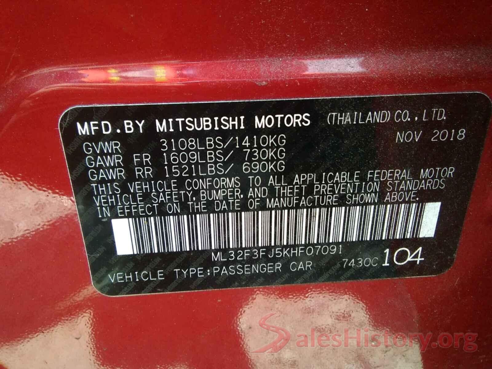 ML32F3FJ5KHF07091 2019 MITSUBISHI MIRAGE