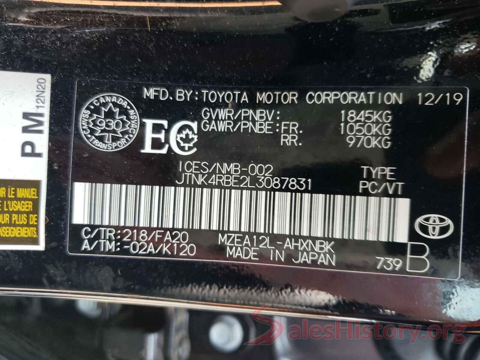 JTNK4RBE2L3087831 2020 TOYOTA COROLLA