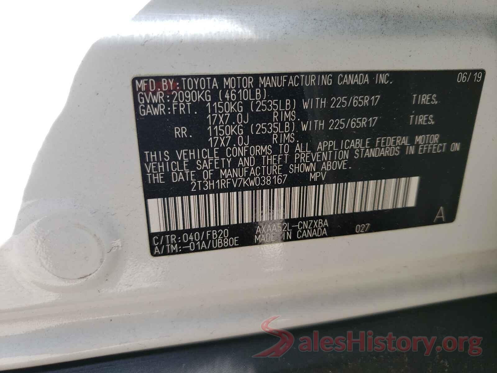 2T3H1RFV7KW038167 2019 TOYOTA RAV4