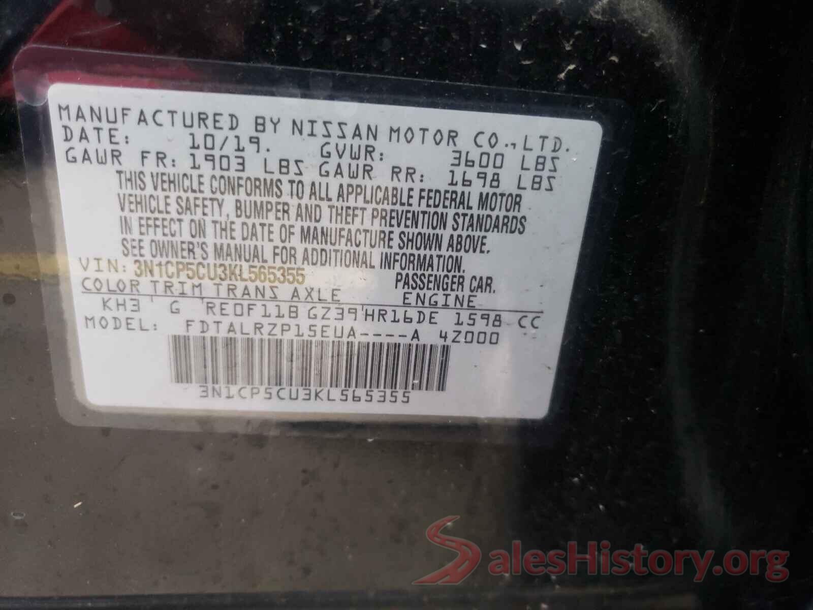 3N1CP5CU3KL565355 2019 NISSAN KICKS