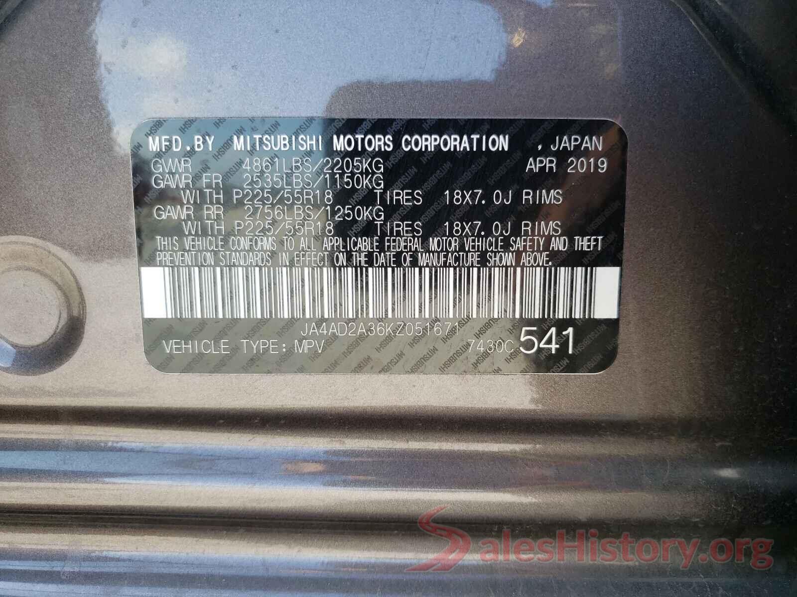 JA4AD2A36KZ051671 2019 MITSUBISHI OUTLANDER