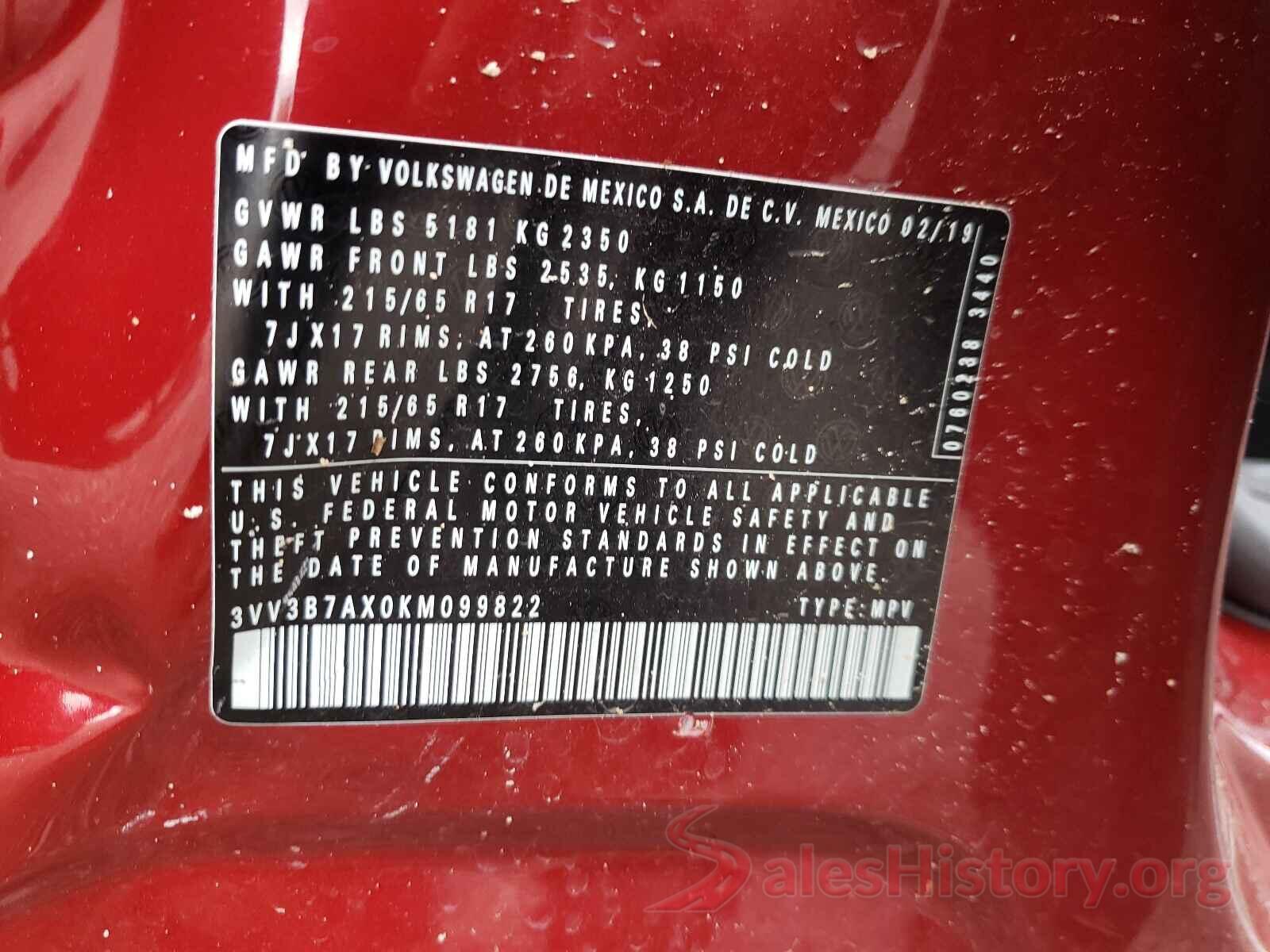 3VV3B7AX0KM099822 2019 VOLKSWAGEN TIGUAN