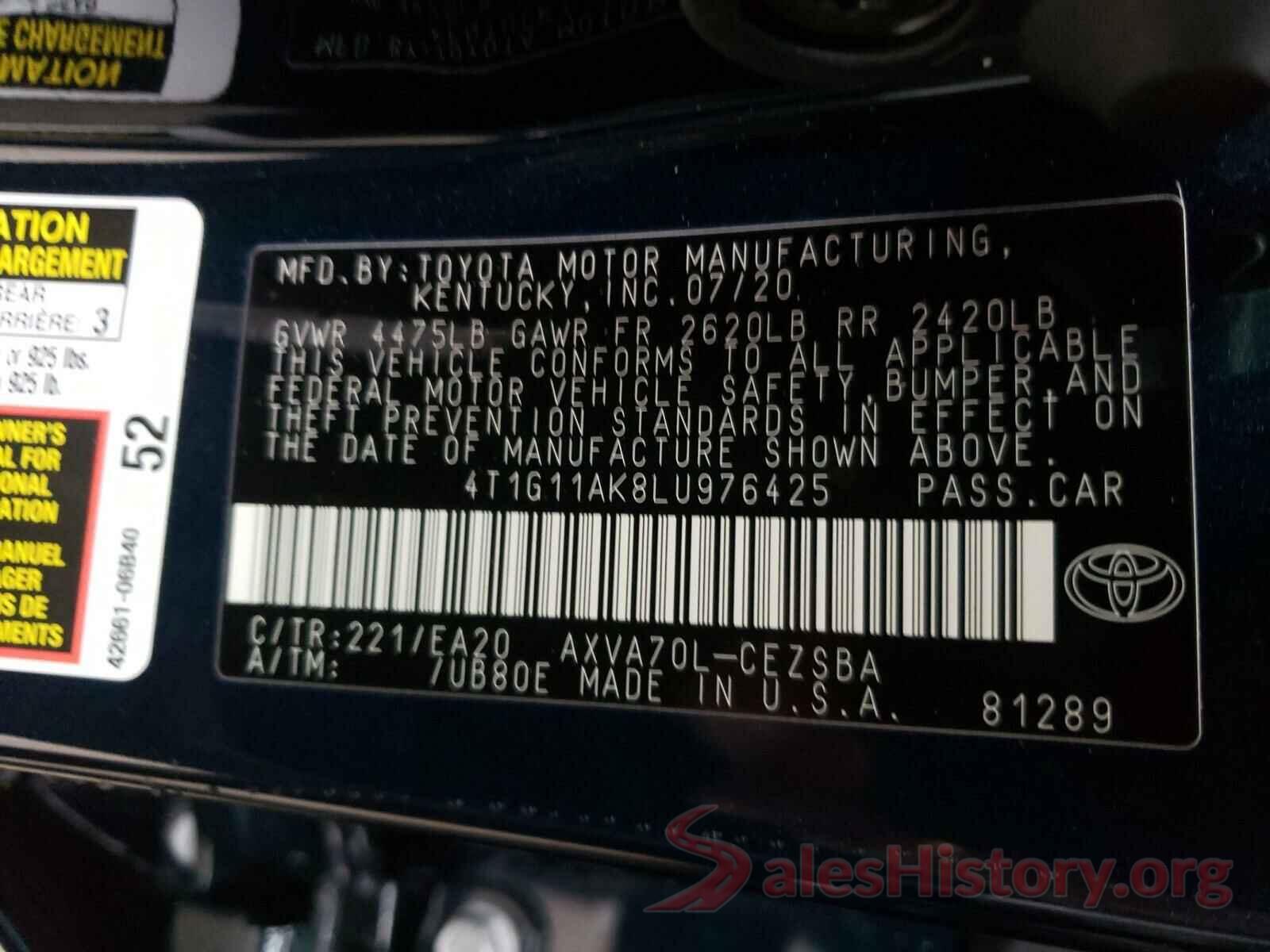 4T1G11AK8LU976425 2020 TOYOTA CAMRY