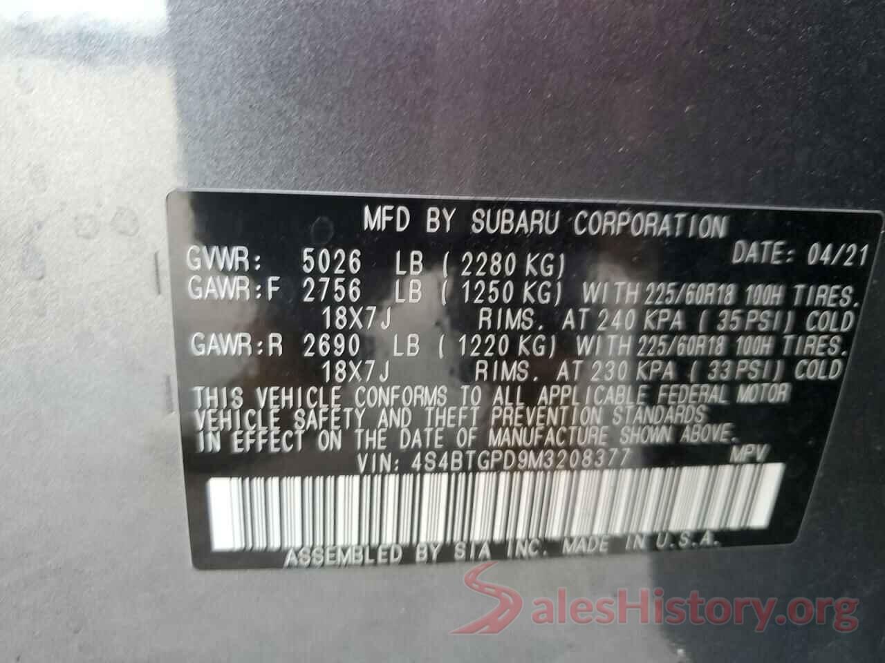 4S4BTGPD9M3208377 2021 SUBARU OUTBACK