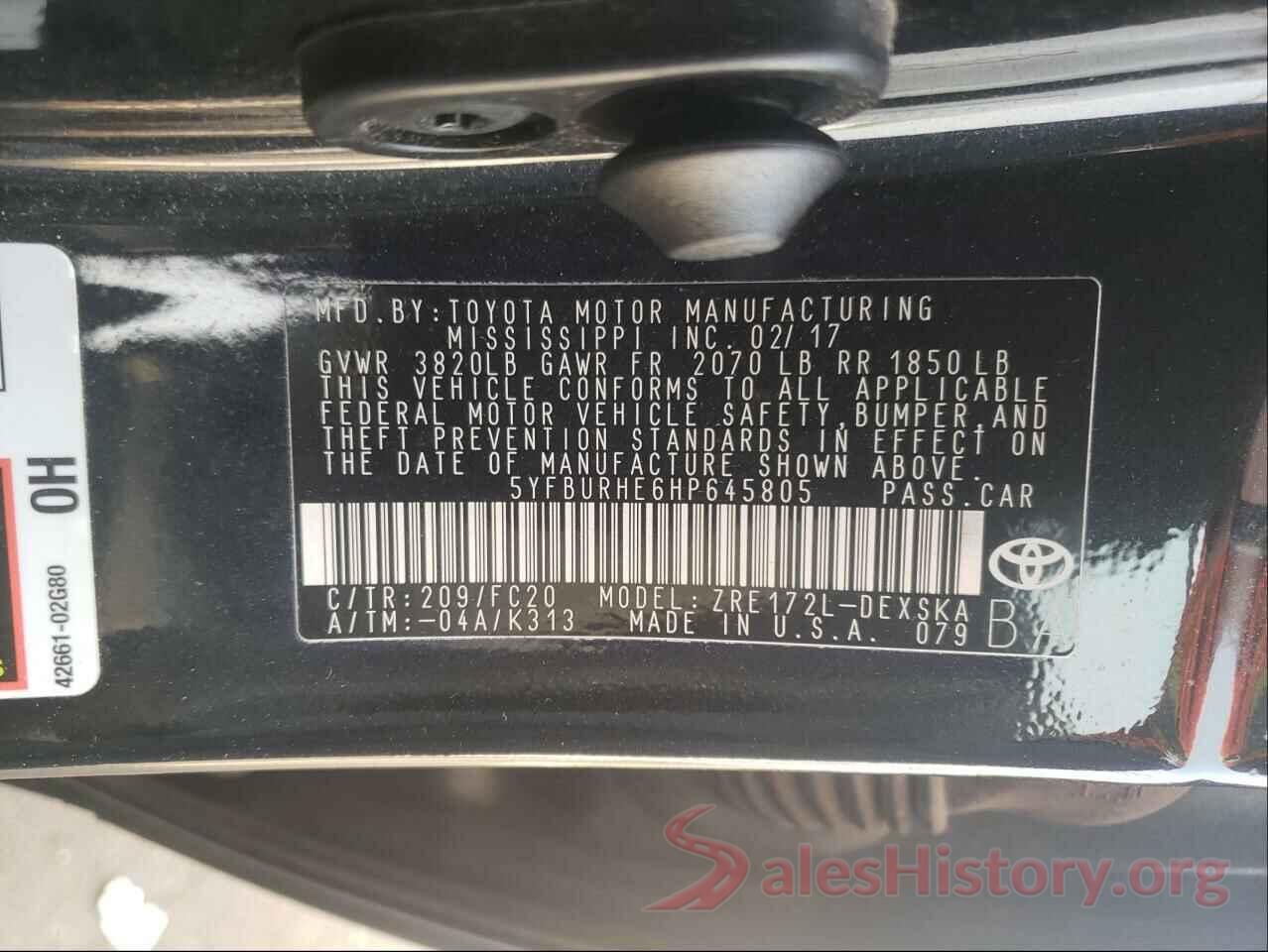 5YFBURHE6HP645805 2017 TOYOTA COROLLA