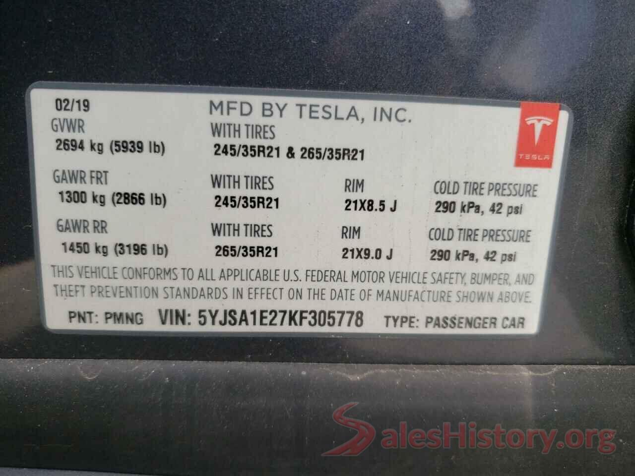 5YJSA1E27KF305778 2019 TESLA MODEL S