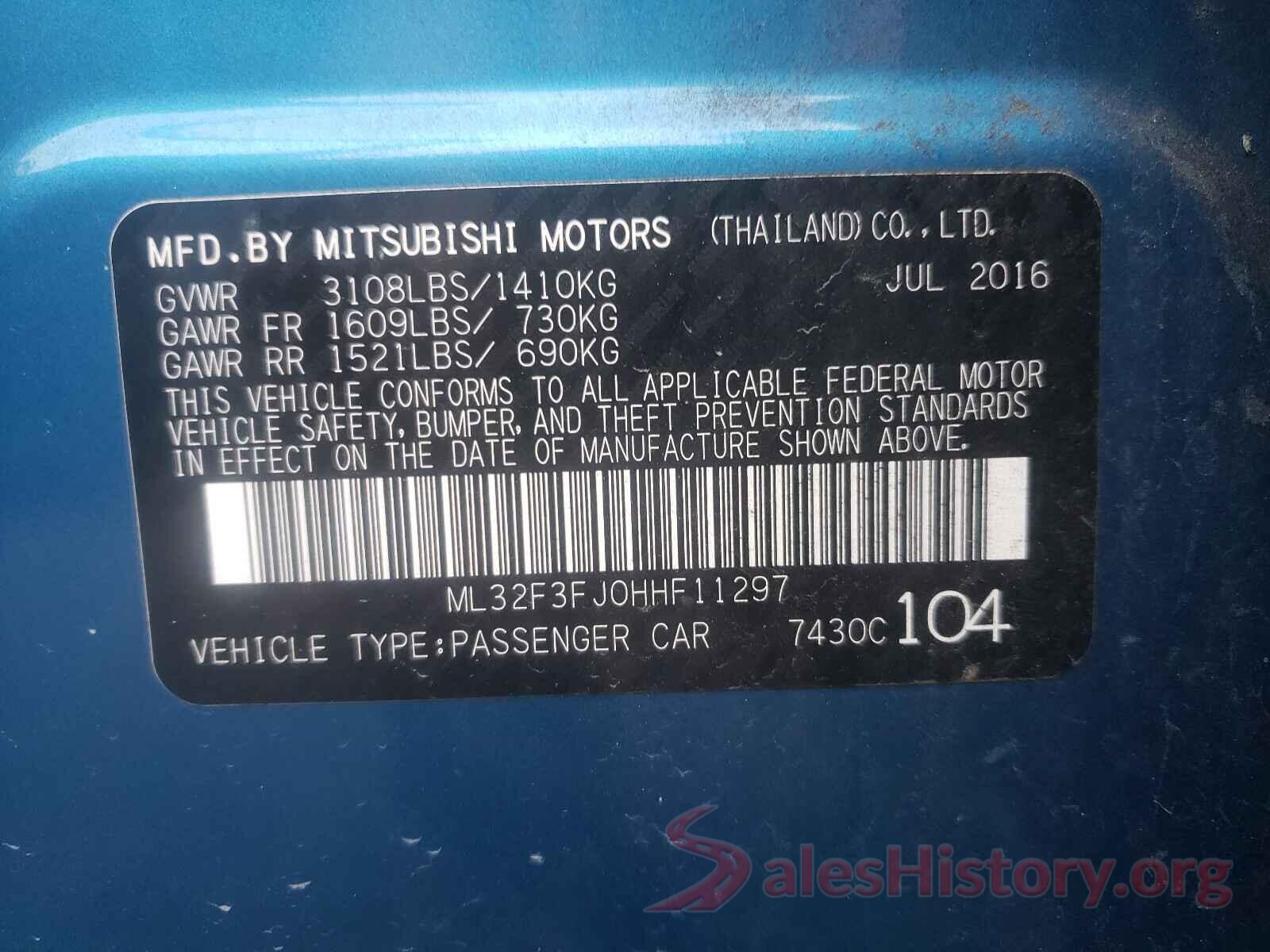 ML32F3FJ0HHF11297 2017 MITSUBISHI MIRAGE