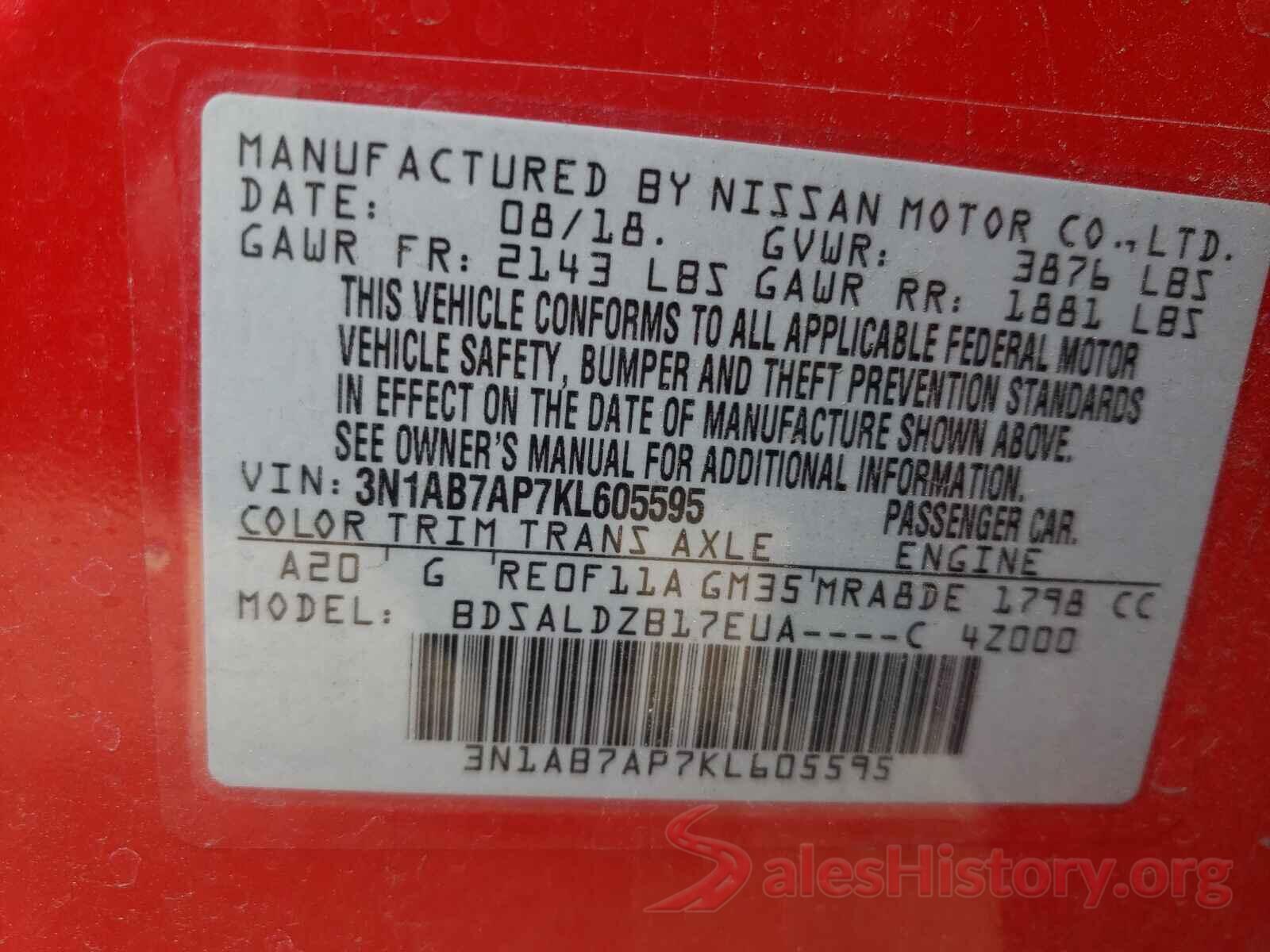 3N1AB7AP7KL605595 2019 NISSAN SENTRA