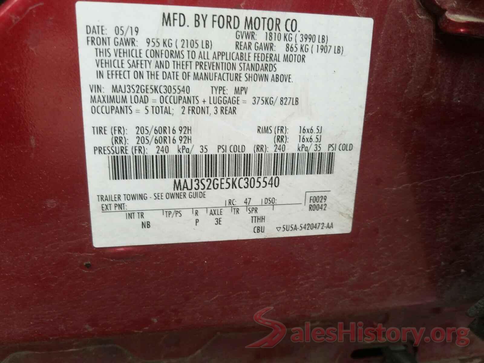 MAJ3S2GE5KC305540 2019 FORD ALL OTHER