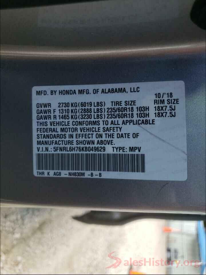 5FNRL6H76KB049629 2019 HONDA ODYSSEY