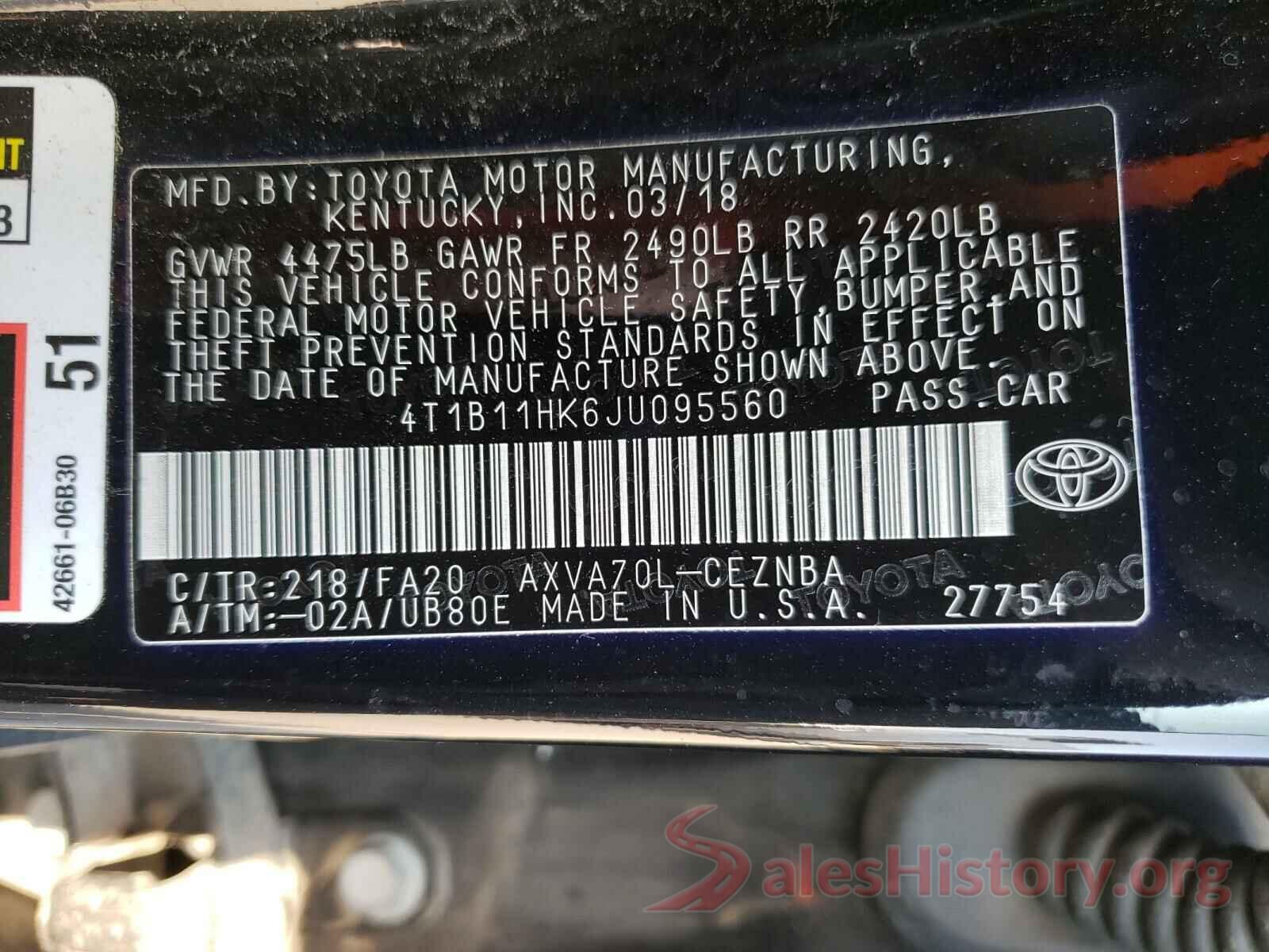 4T1B11HK6JU095560 2018 TOYOTA CAMRY