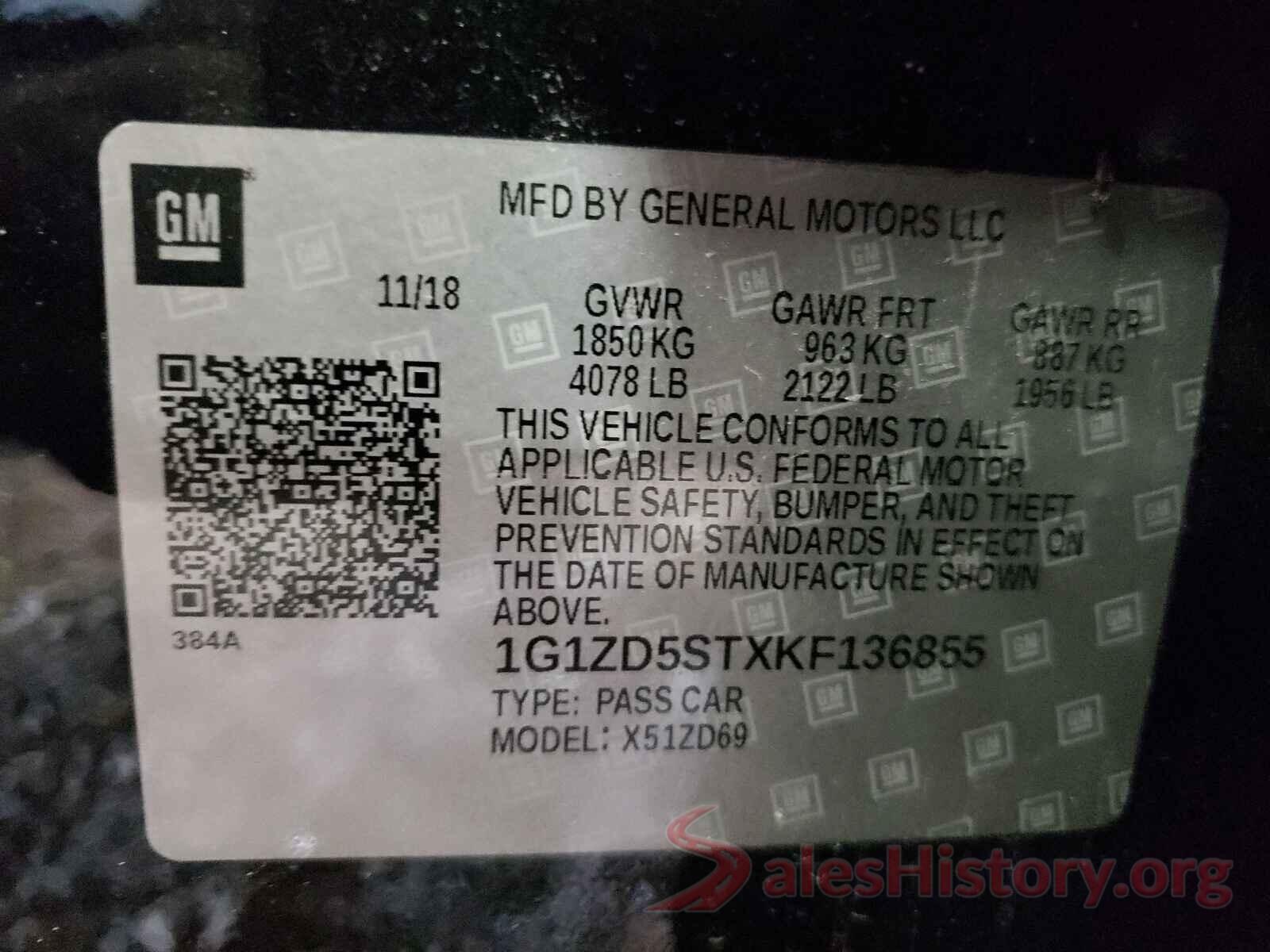 1G1ZD5STXKF136855 2019 CHEVROLET MALIBU