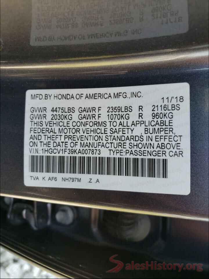 1HGCV1F39KA007873 2019 HONDA ACCORD