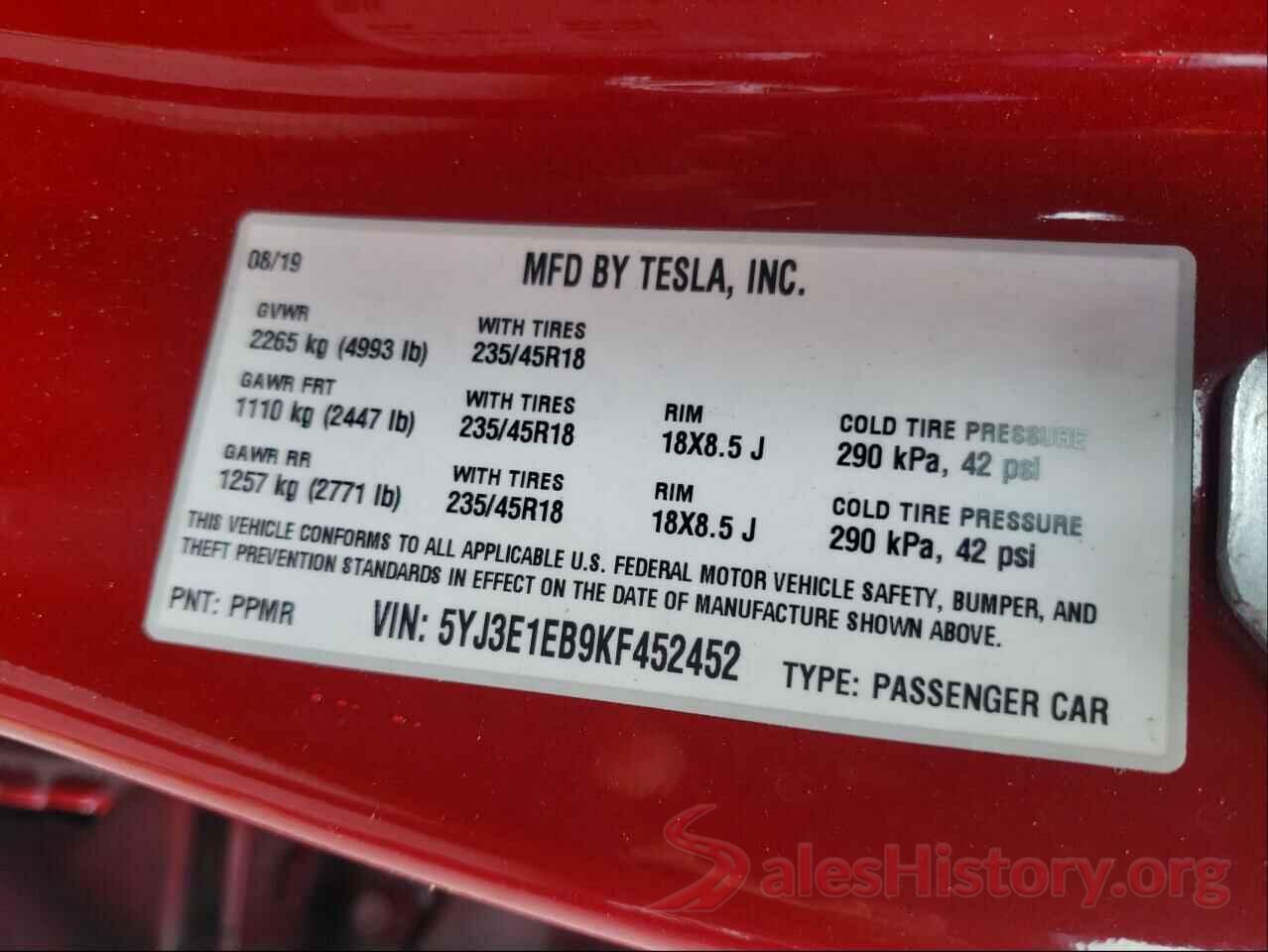 5YJ3E1EB9KF452452 2019 TESLA MODEL 3