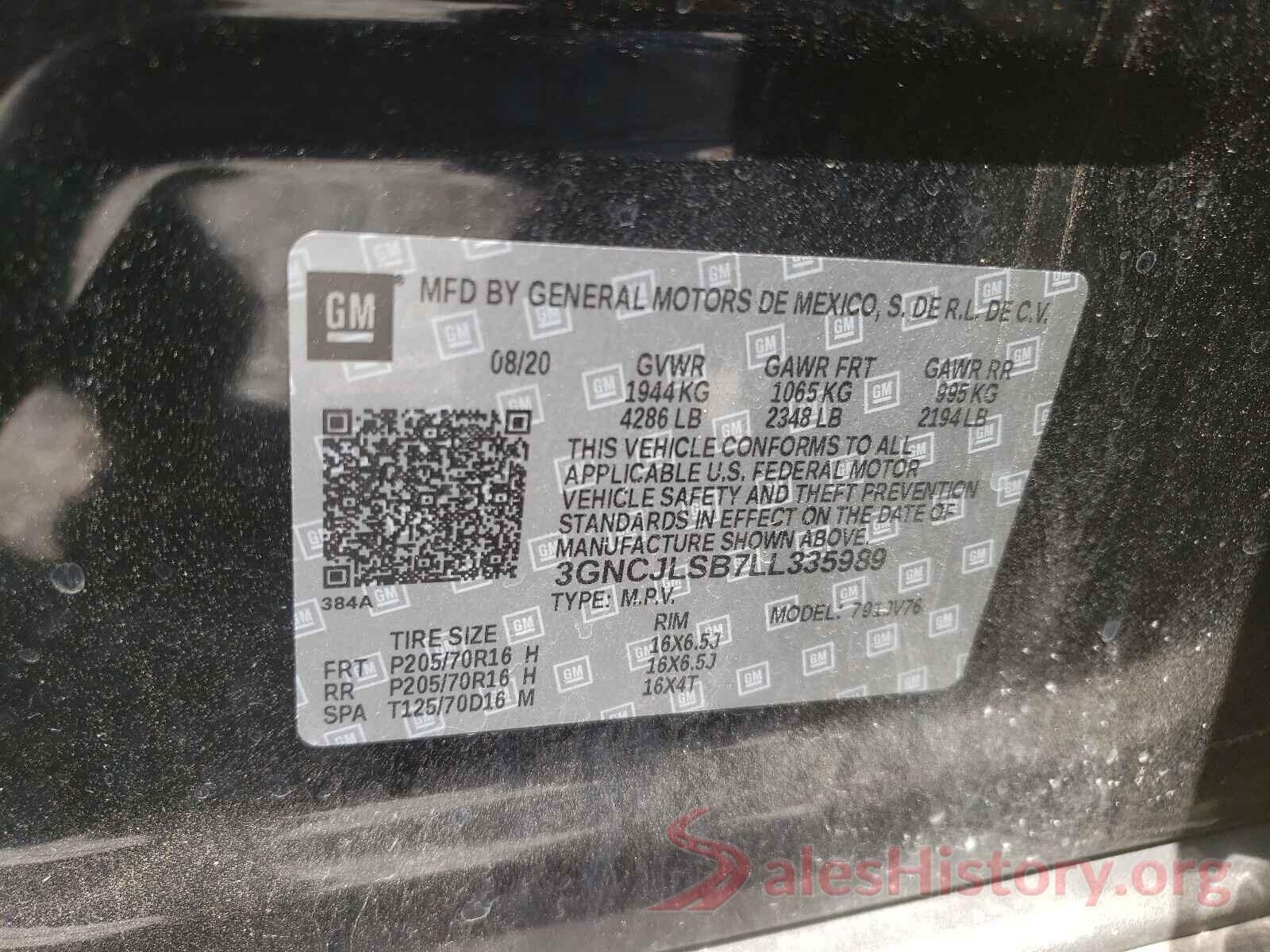 3GNCJLSB7LL335989 2020 CHEVROLET TRAX