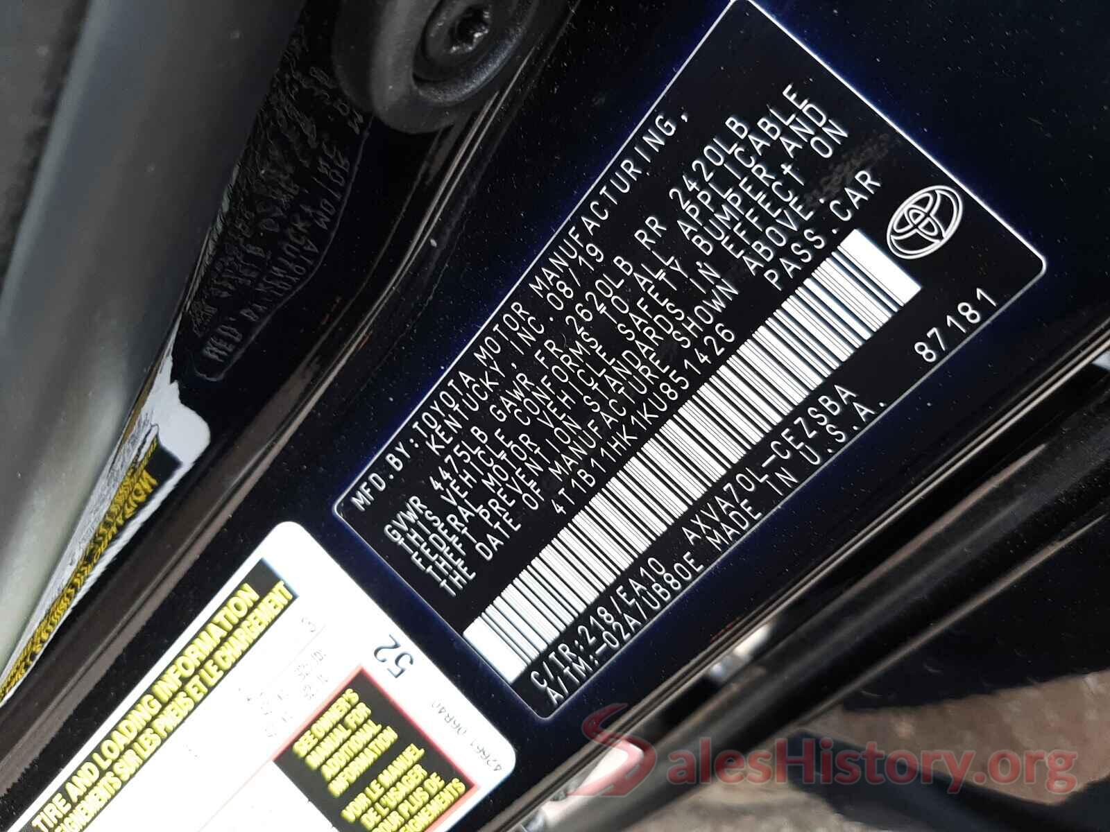 4T1B11HK1KU851426 2019 TOYOTA CAMRY