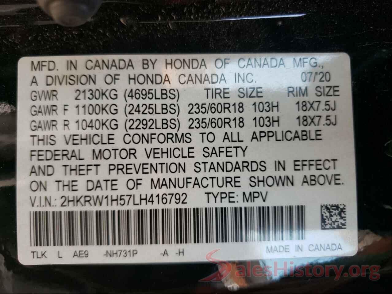 2HKRW1H57LH416792 2020 HONDA CRV