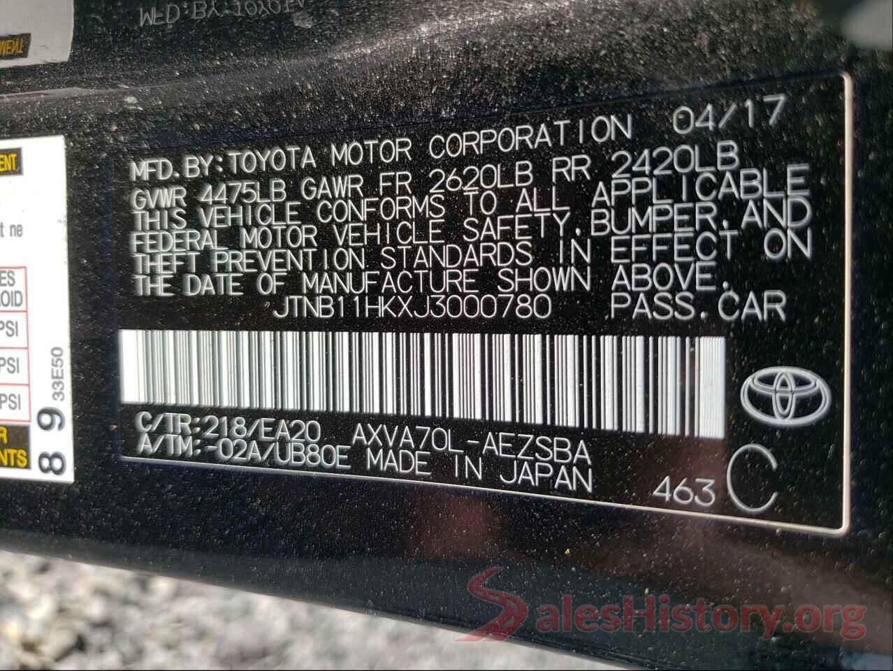 JTNB11HKXJ3000780 2018 TOYOTA CAMRY