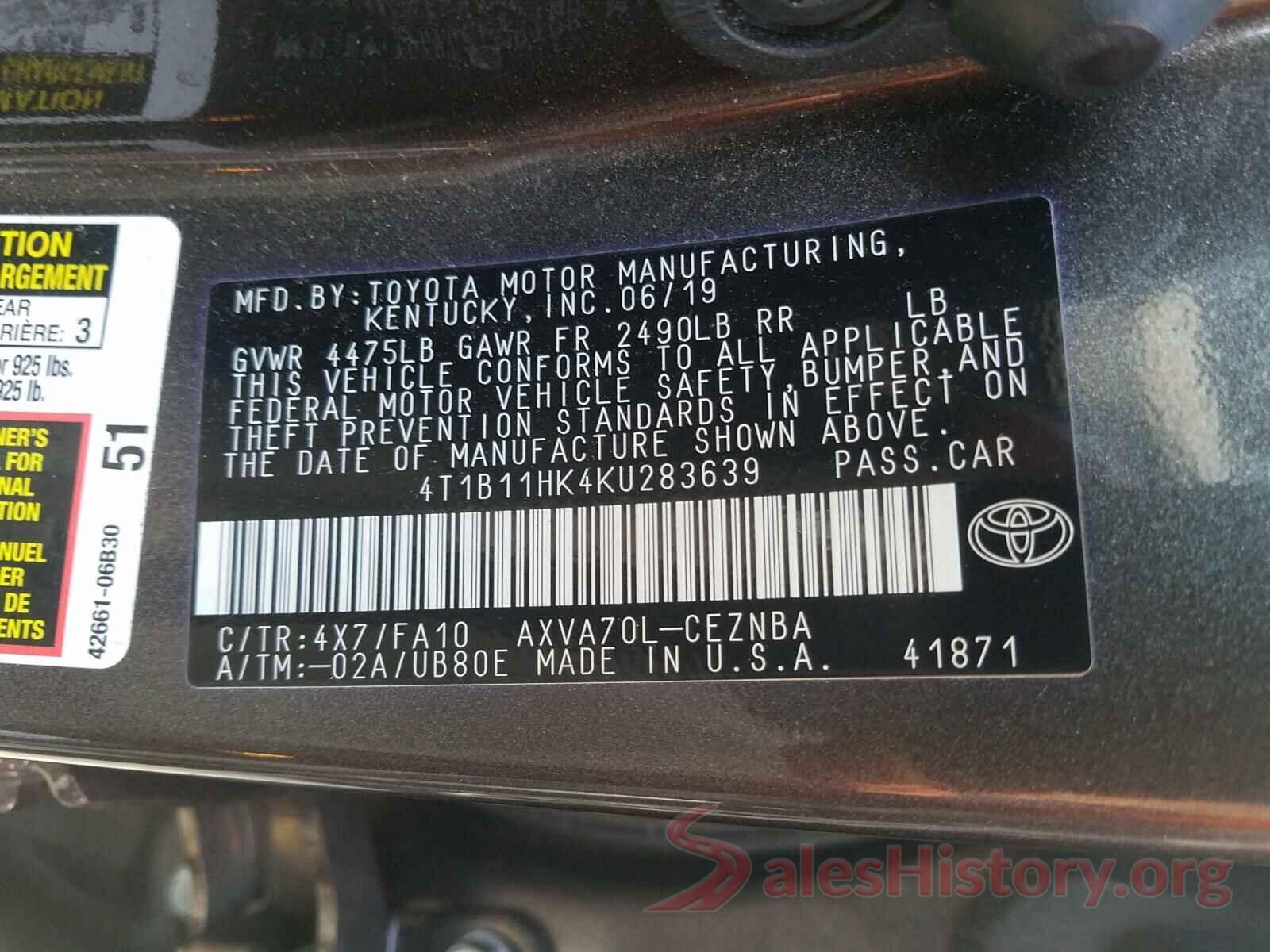 4T1B11HK4KU283639 2019 TOYOTA CAMRY