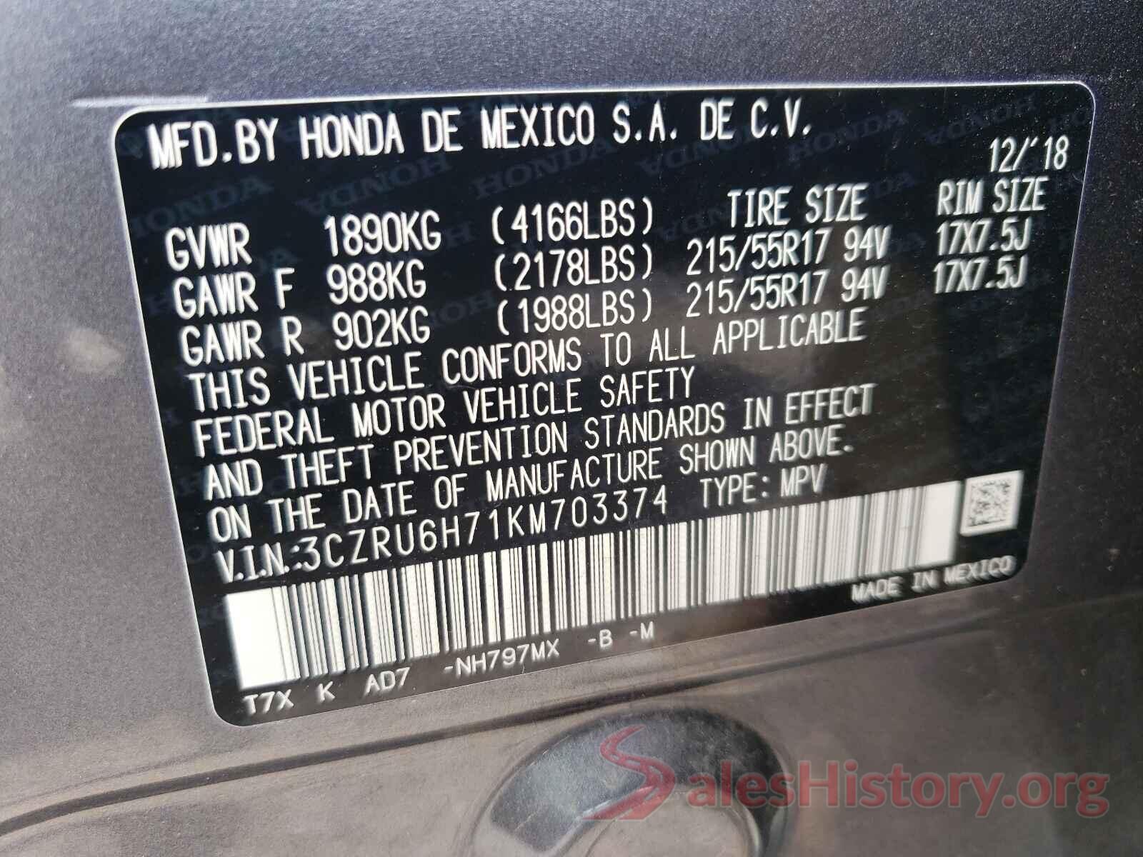 3CZRU6H71KM703374 2019 HONDA HR-V