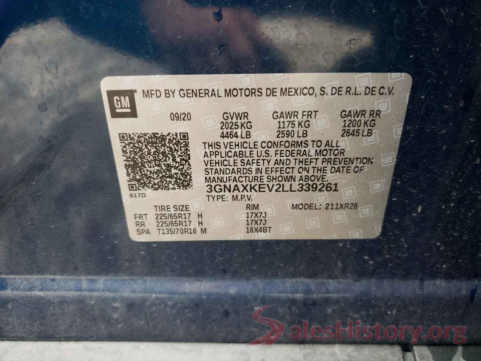 3GNAXKEV2LL339261 2020 CHEVROLET EQUINOX