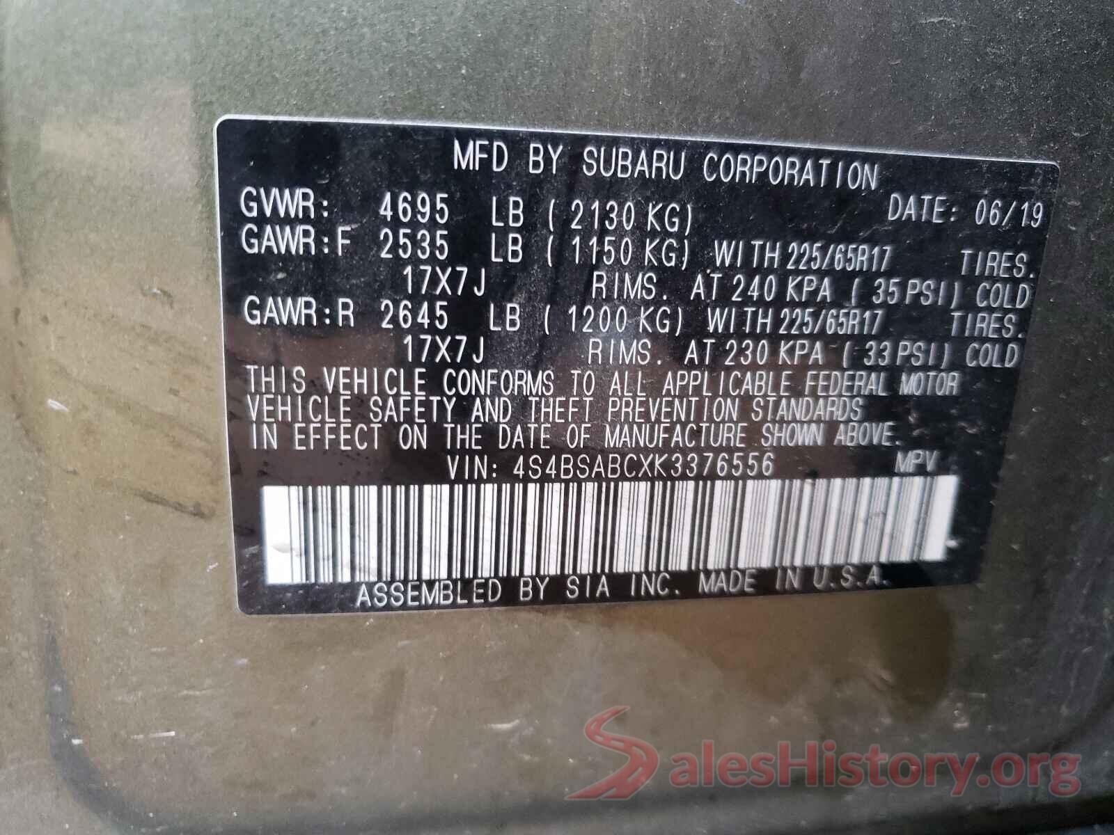 4S4BSABCXK3376556 2019 SUBARU OUTBACK