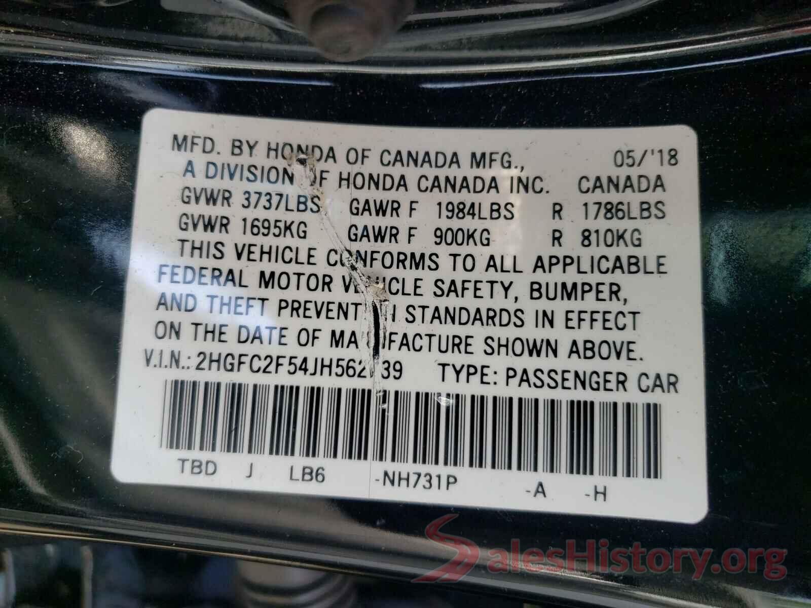 2HGFC2F54JH562739 2018 HONDA CIVIC