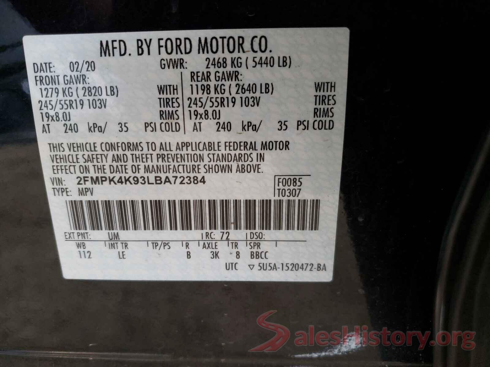 2FMPK4K93LBA72384 2020 FORD EDGE