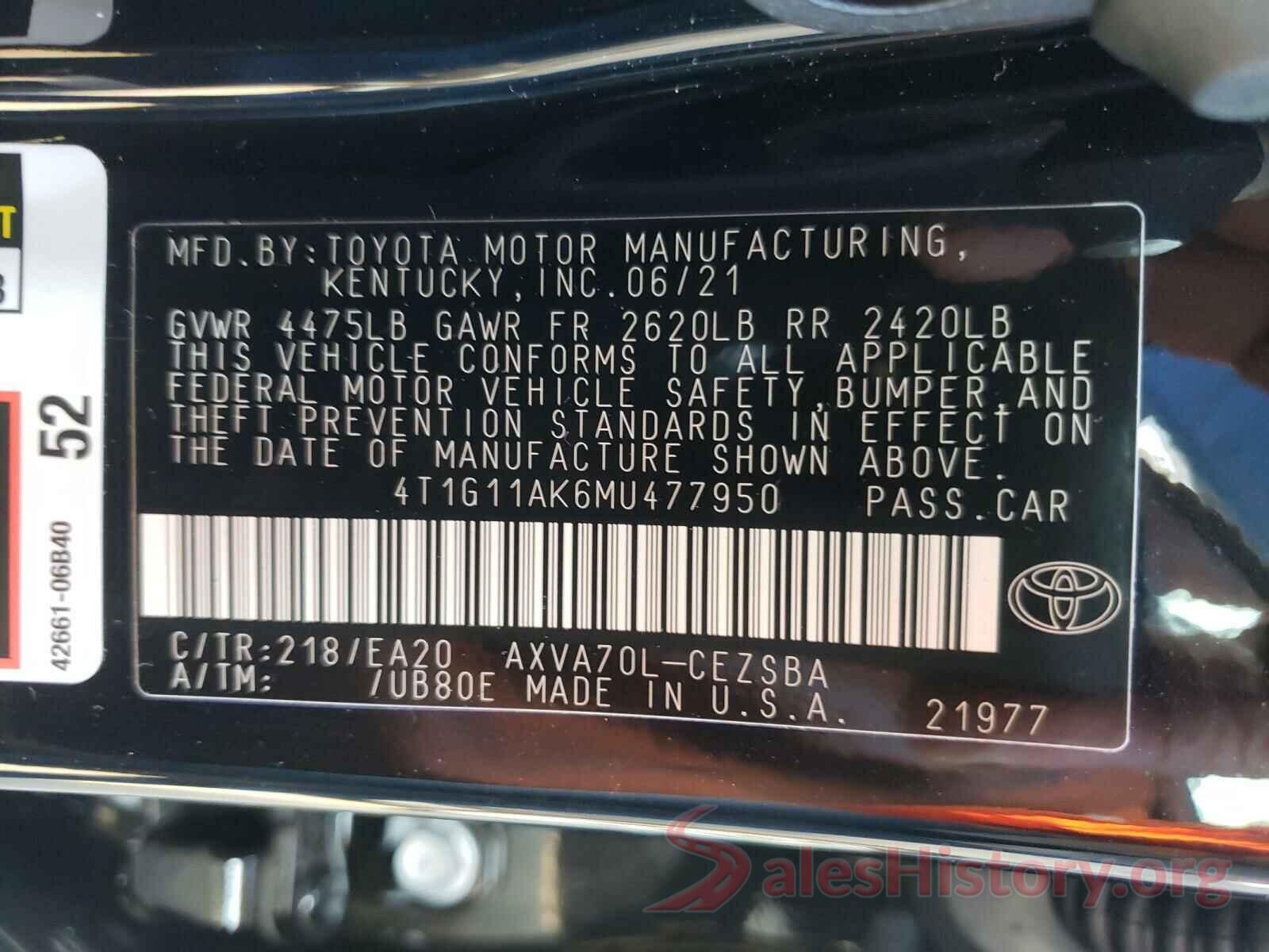 4T1G11AK6MU477950 2021 TOYOTA CAMRY