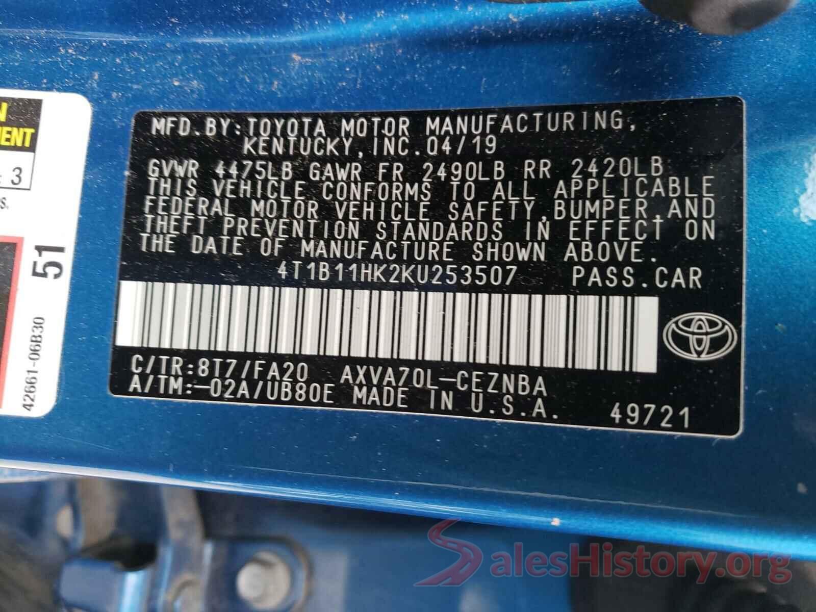 4T1B11HK2KU253507 2019 TOYOTA CAMRY