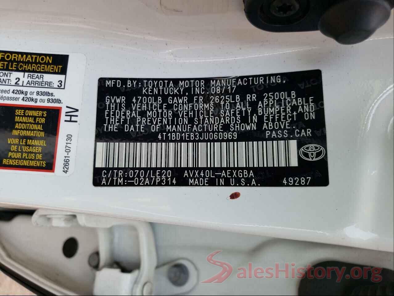 4T1BD1EB3JU060969 2018 TOYOTA AVALON