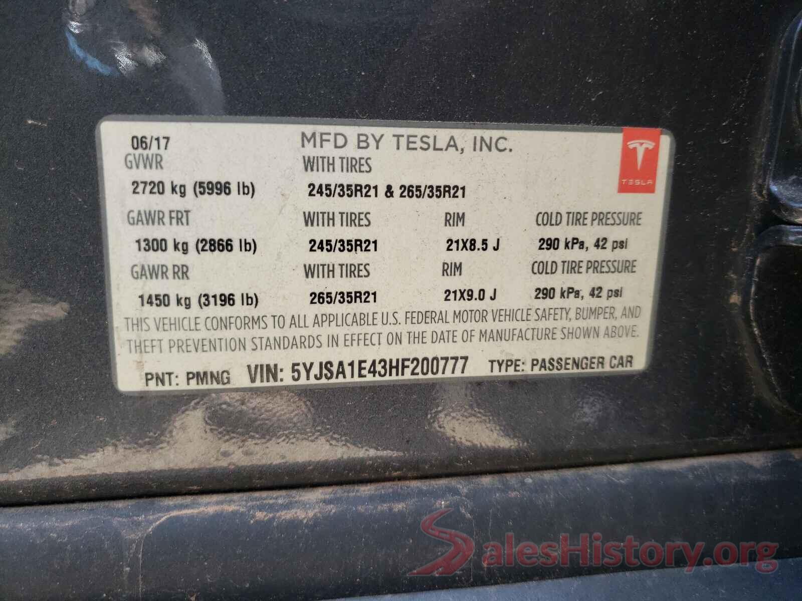 5YJSA1E43HF200777 2017 TESLA MODEL S