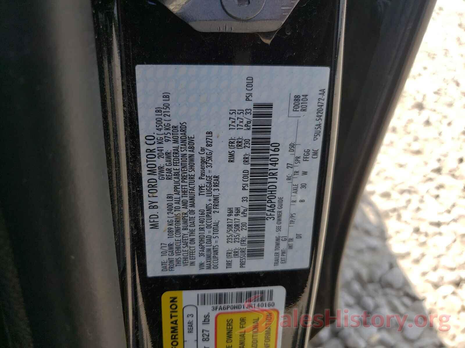 3FA6P0HD1JR140160 2018 FORD FUSION