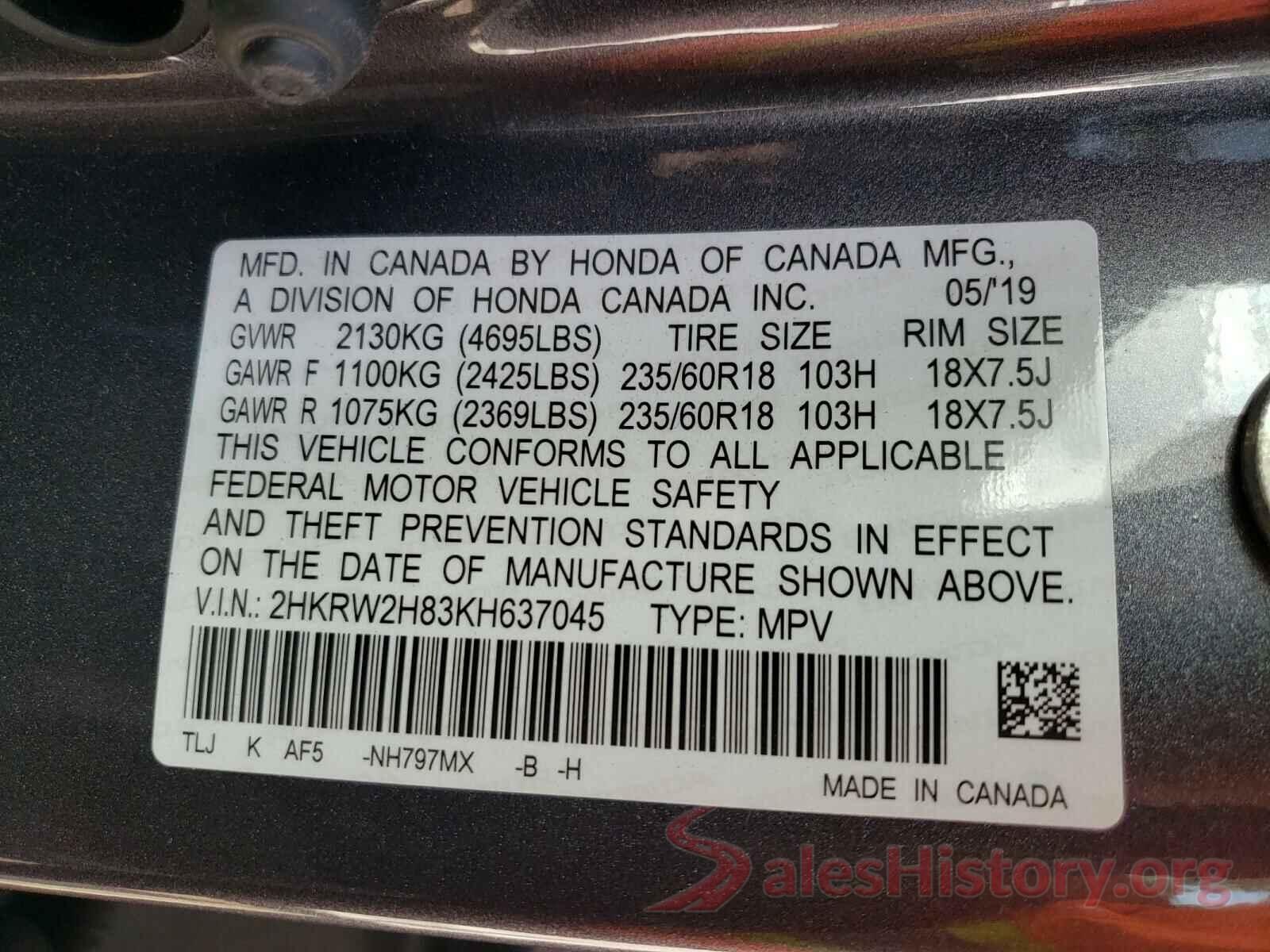 2HKRW2H83KH637045 2019 HONDA CRV