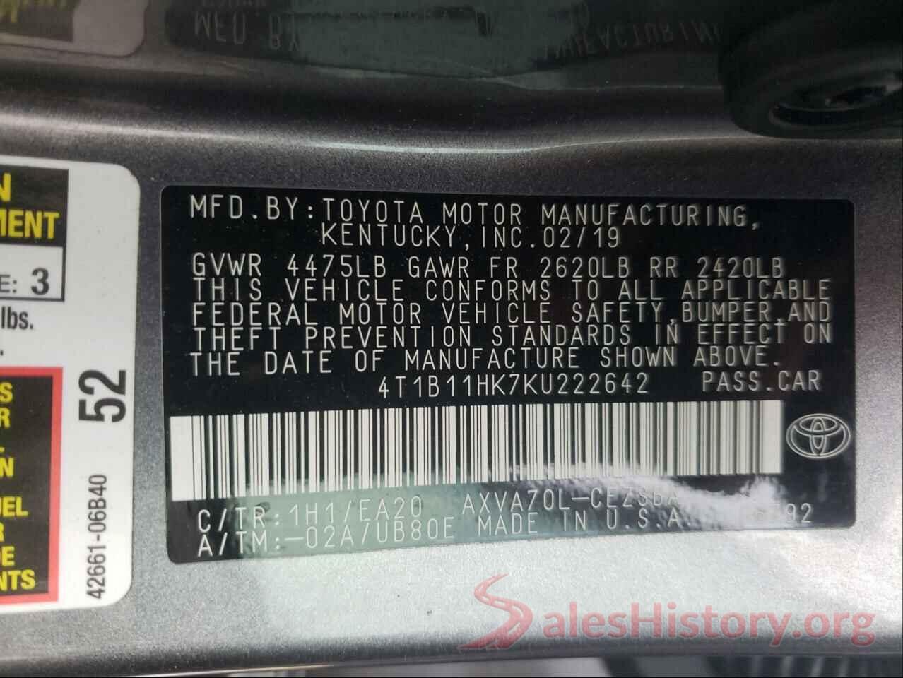 4T1B11HK7KU222642 2019 TOYOTA CAMRY