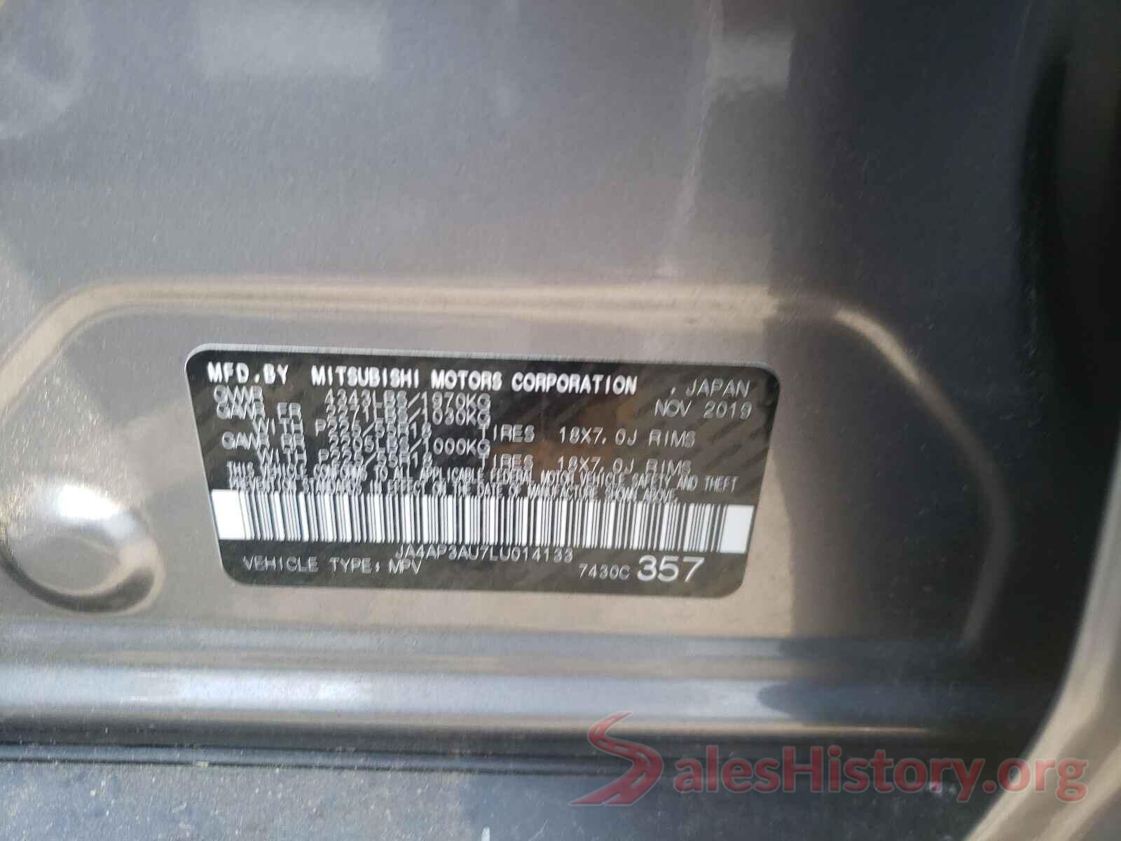 JA4AP3AU7LU014133 2020 MITSUBISHI OUTLANDER