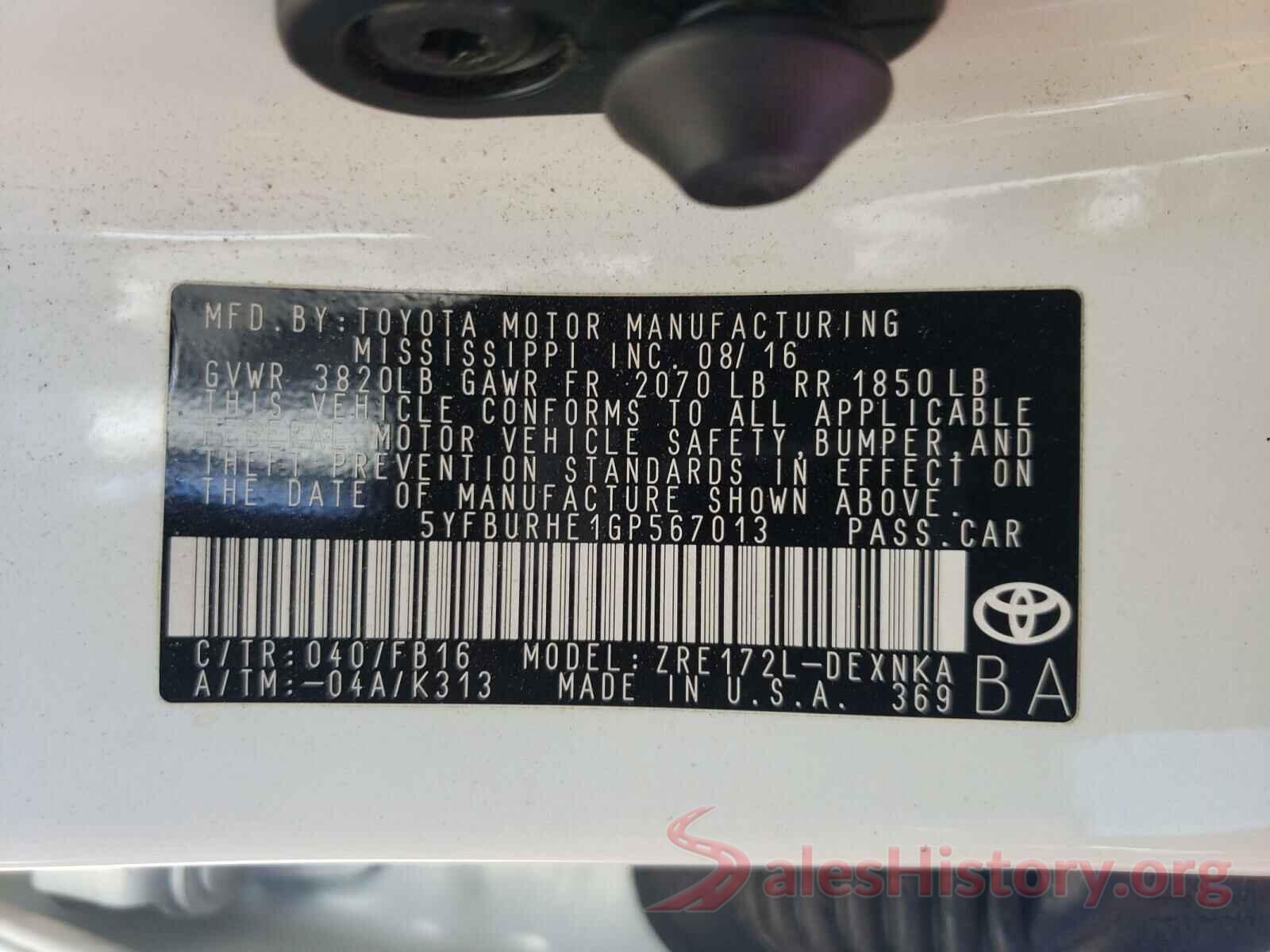 5YFBURHE1GP567013 2016 TOYOTA COROLLA