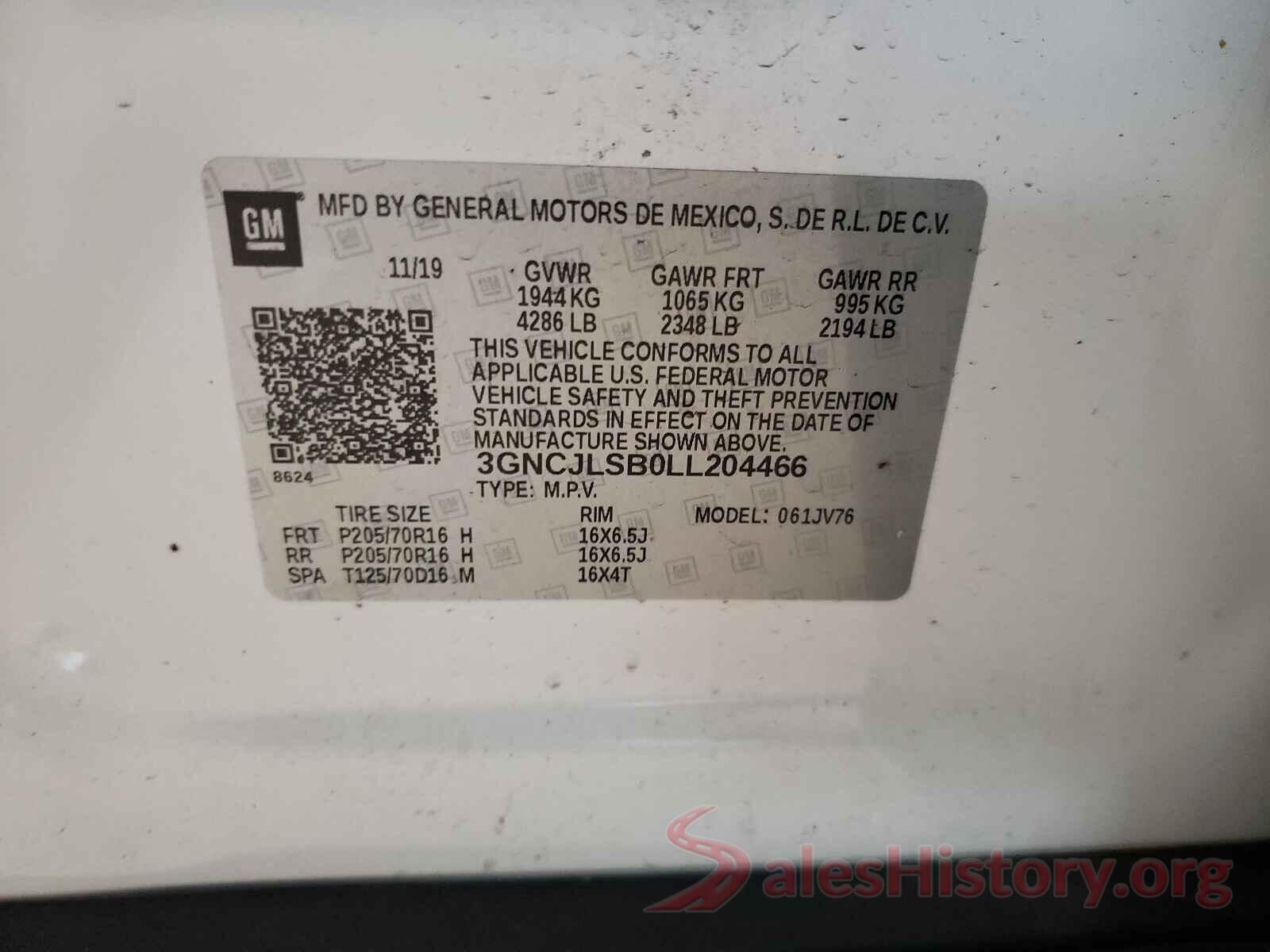 3GNCJLSB0LL204466 2020 CHEVROLET TRAX