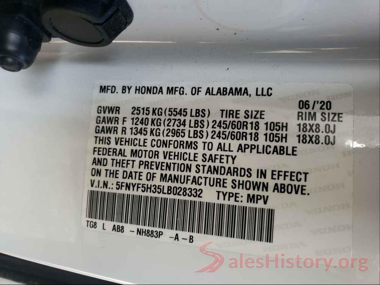 5FNYF5H35LB028332 2020 HONDA PILOT