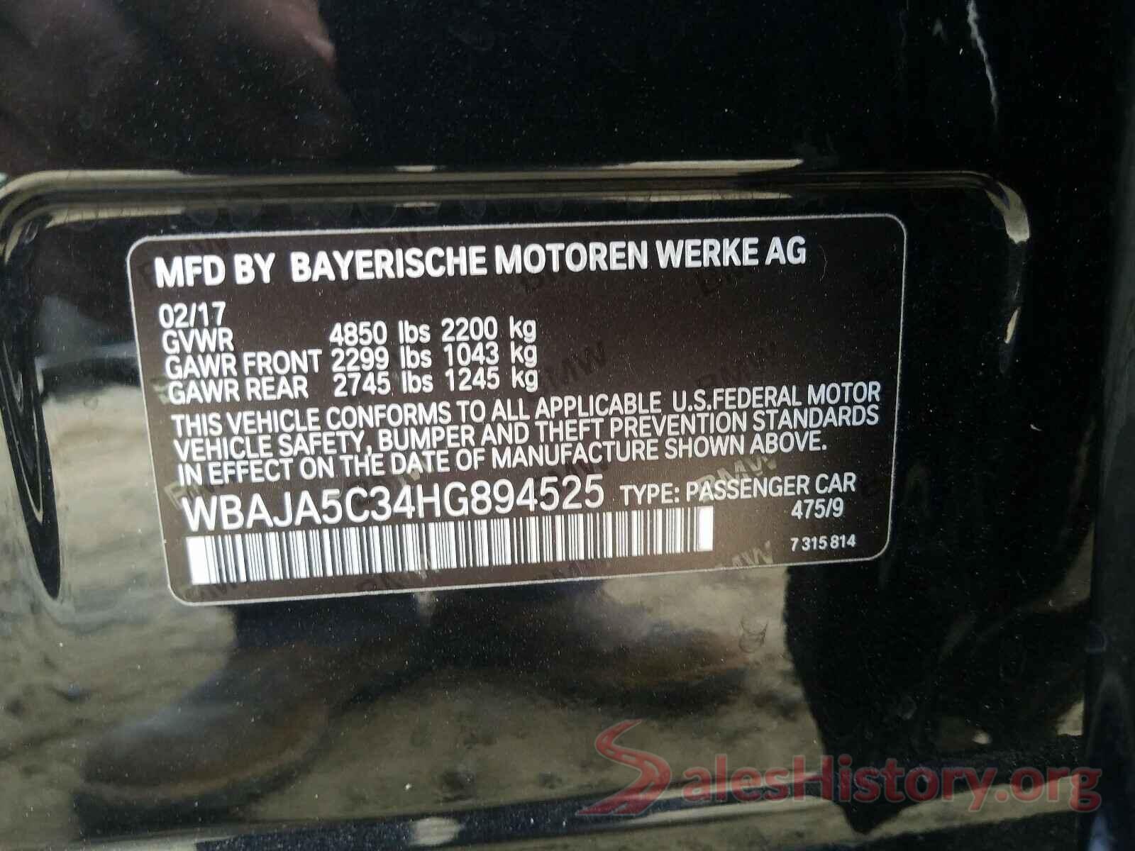 WBAJA5C34HG894525 2017 BMW 5 SERIES